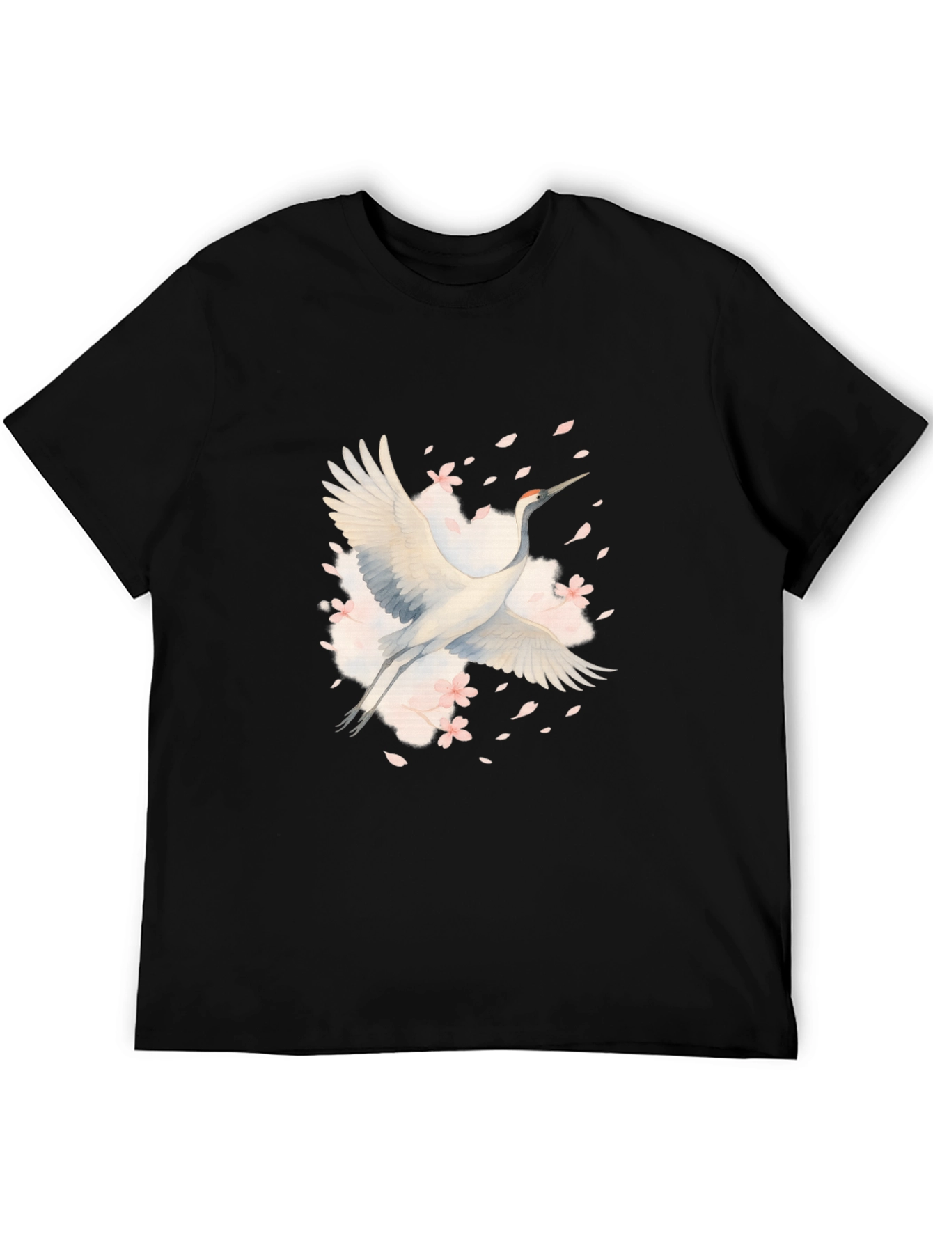 Crane and Blossoms Graphic Black T-Shirt