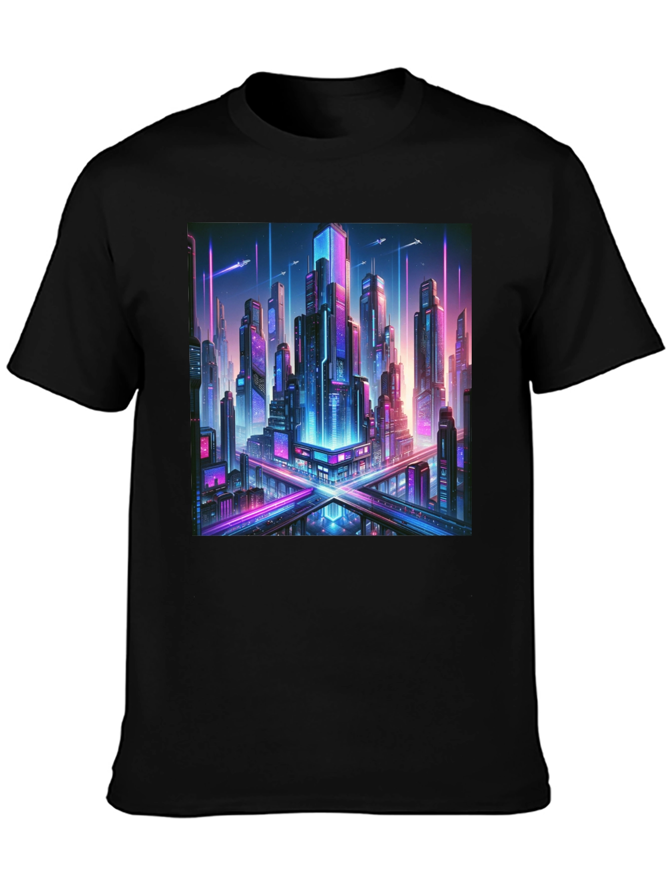 Cyberpunk Cityscape Graphic Tee - Black Cotton T-Shirt