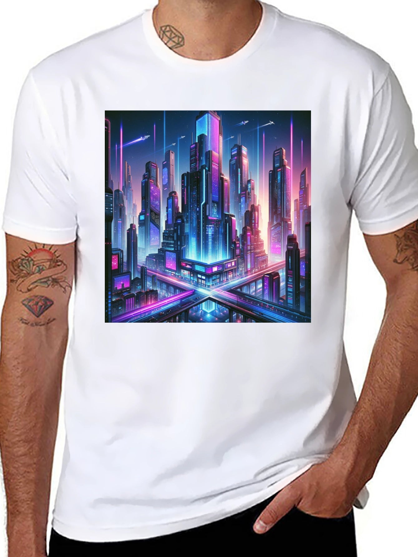 Cyberpunk Cityscape Graphic Tee - Black Cotton T-Shirt