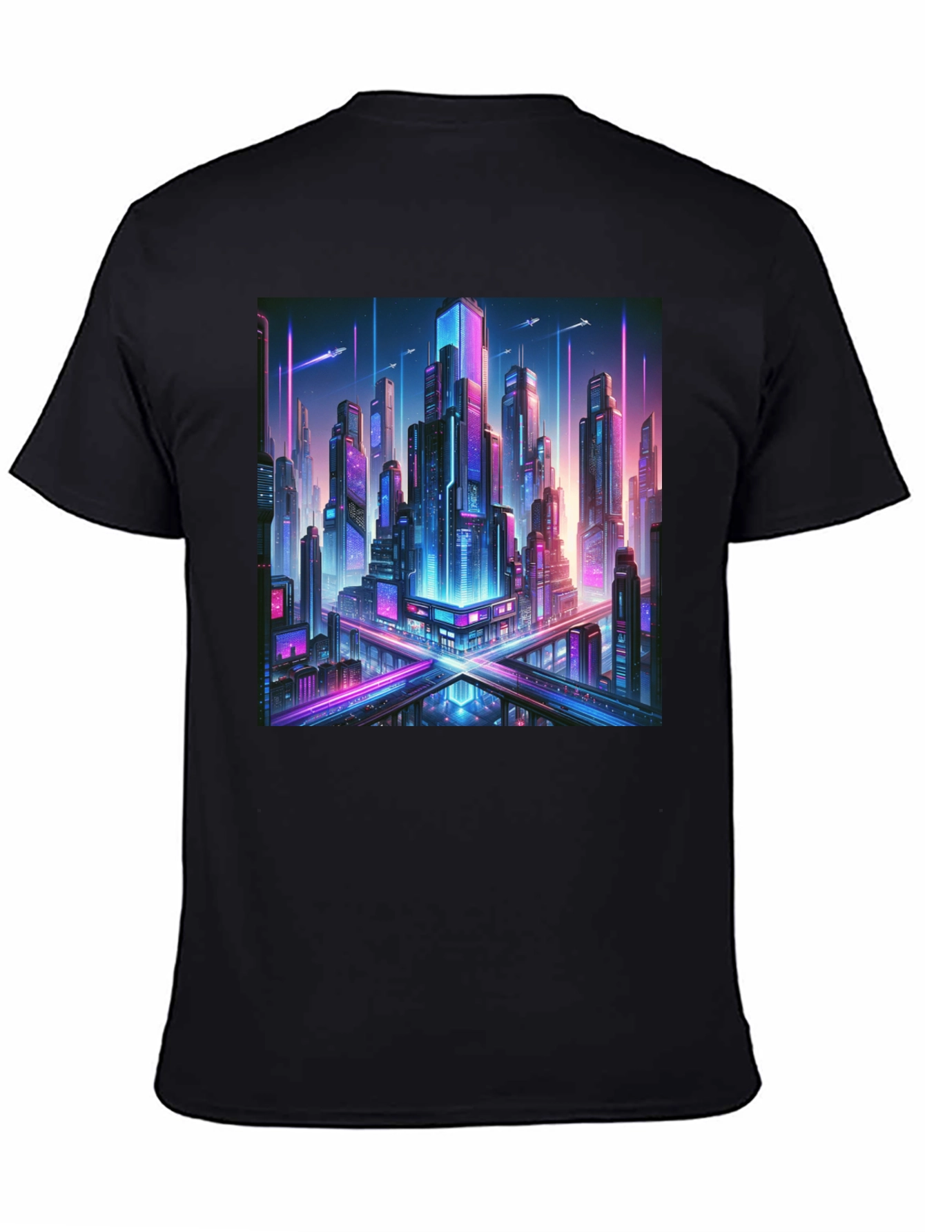 Cyberpunk Cityscape Graphic Tee - Black Cotton T-Shirt