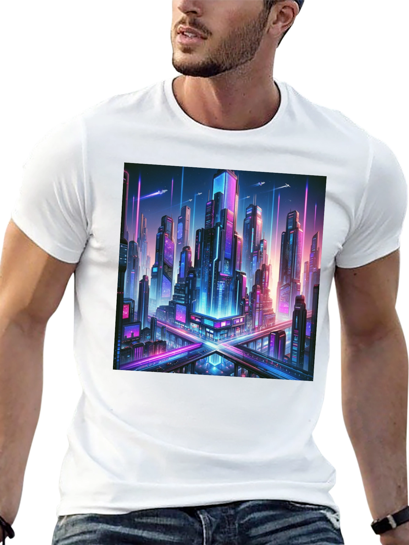 Cyberpunk Cityscape Graphic Tee - Black Cotton T-Shirt