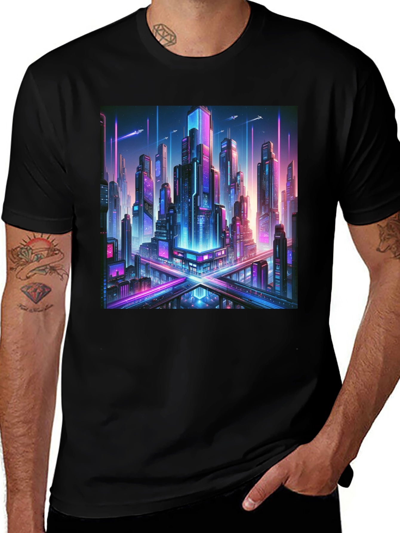 Cyberpunk Cityscape Graphic Tee - Black Cotton T-Shirt