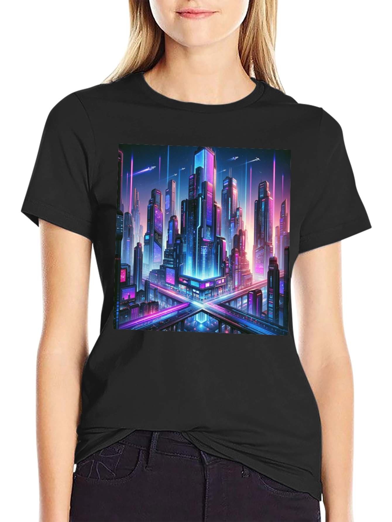 Cyberpunk Cityscape Graphic Tee - Black Cotton T-Shirt