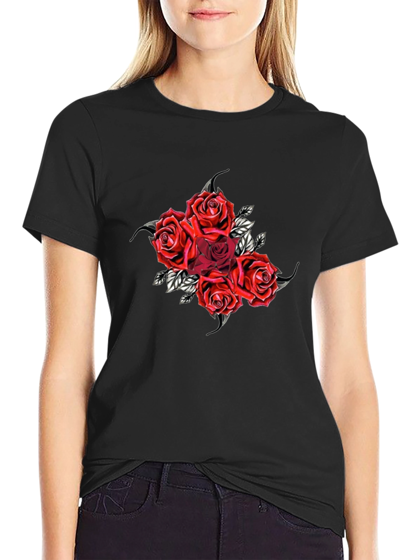 Red Roses Graphic Black T-Shirt