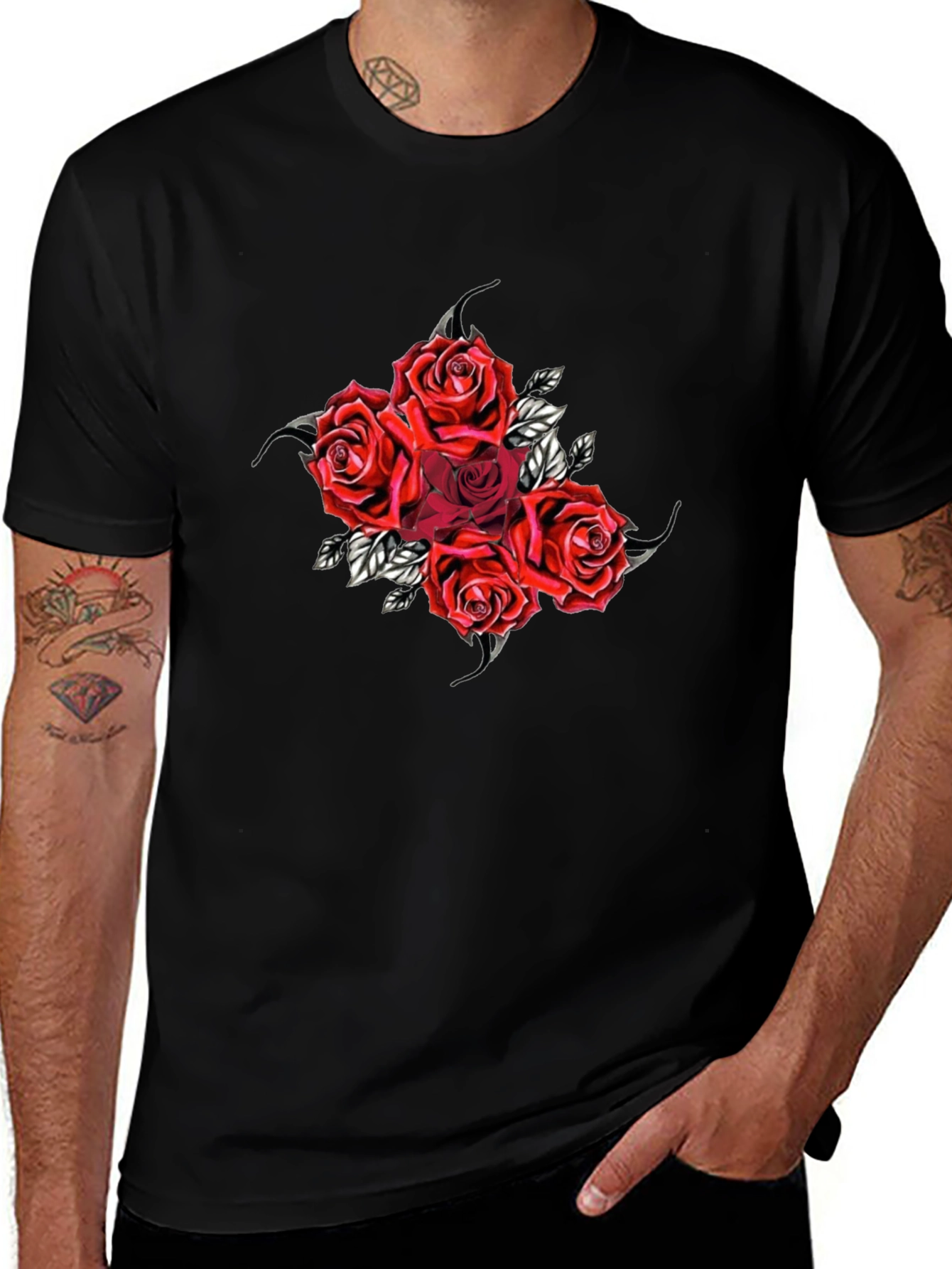 Red Roses Graphic Black T-Shirt