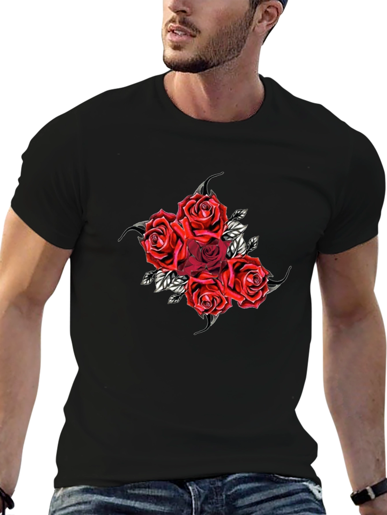Red Roses Graphic Black T-Shirt