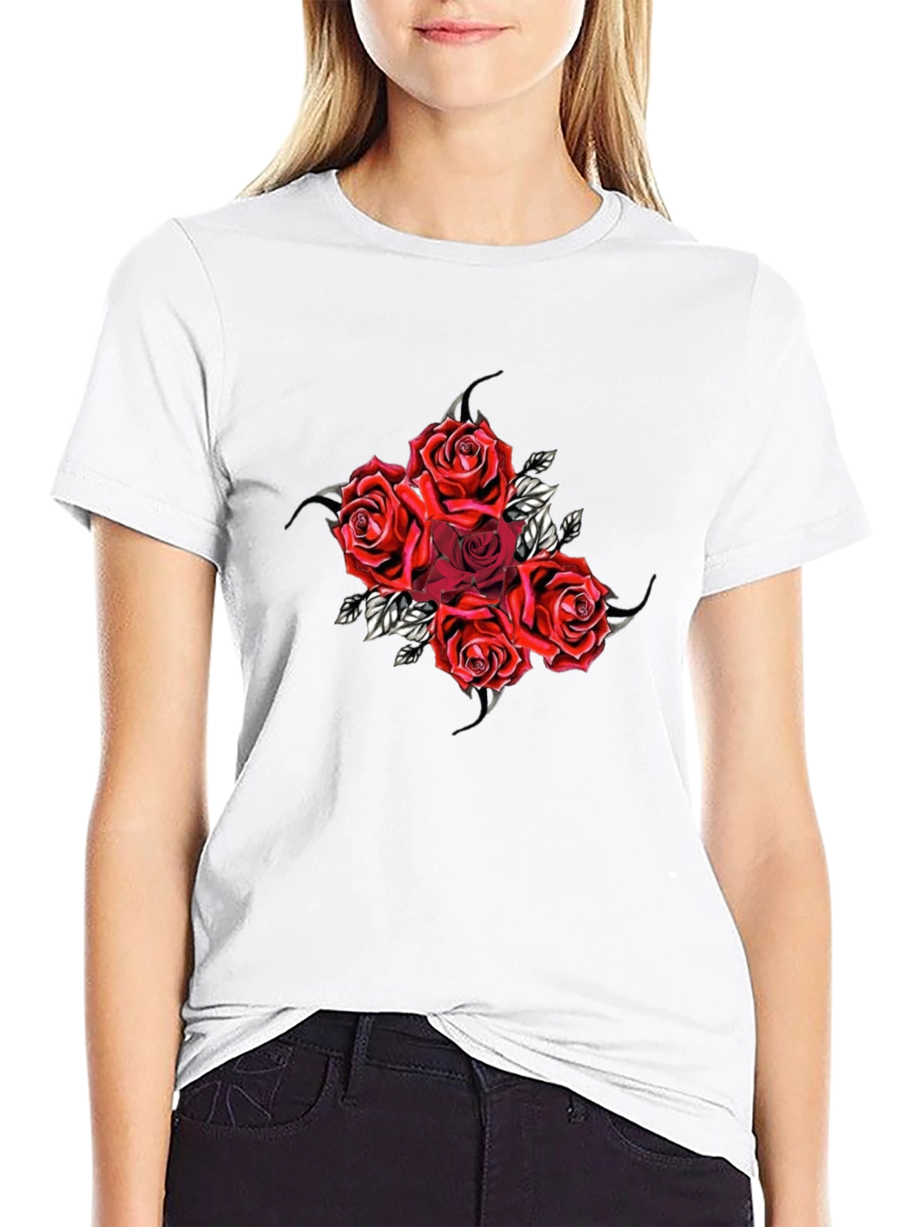 Red Roses Graphic Black T-Shirt