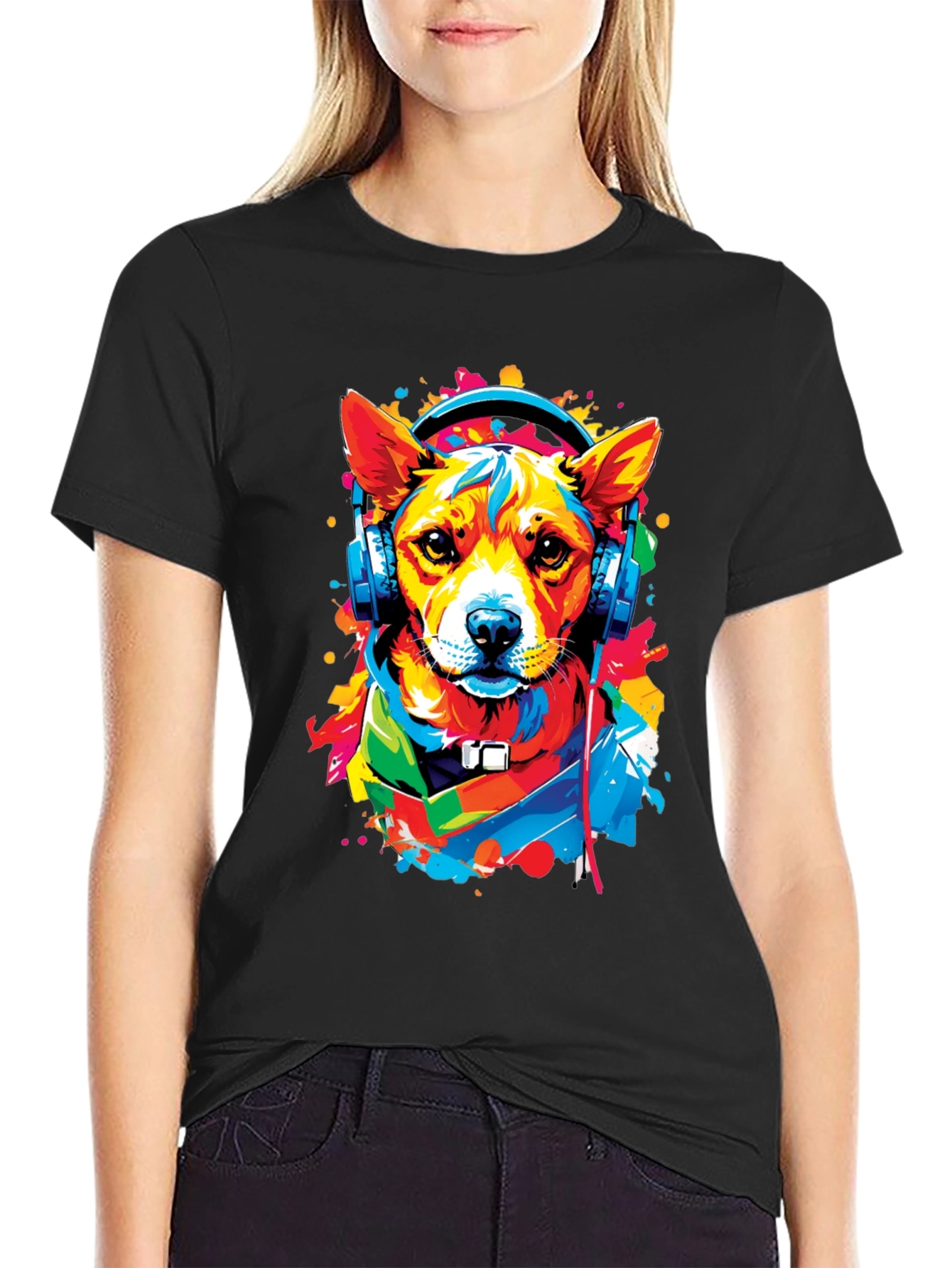 Dog in Headphones Graphic Tee - Trendy Style