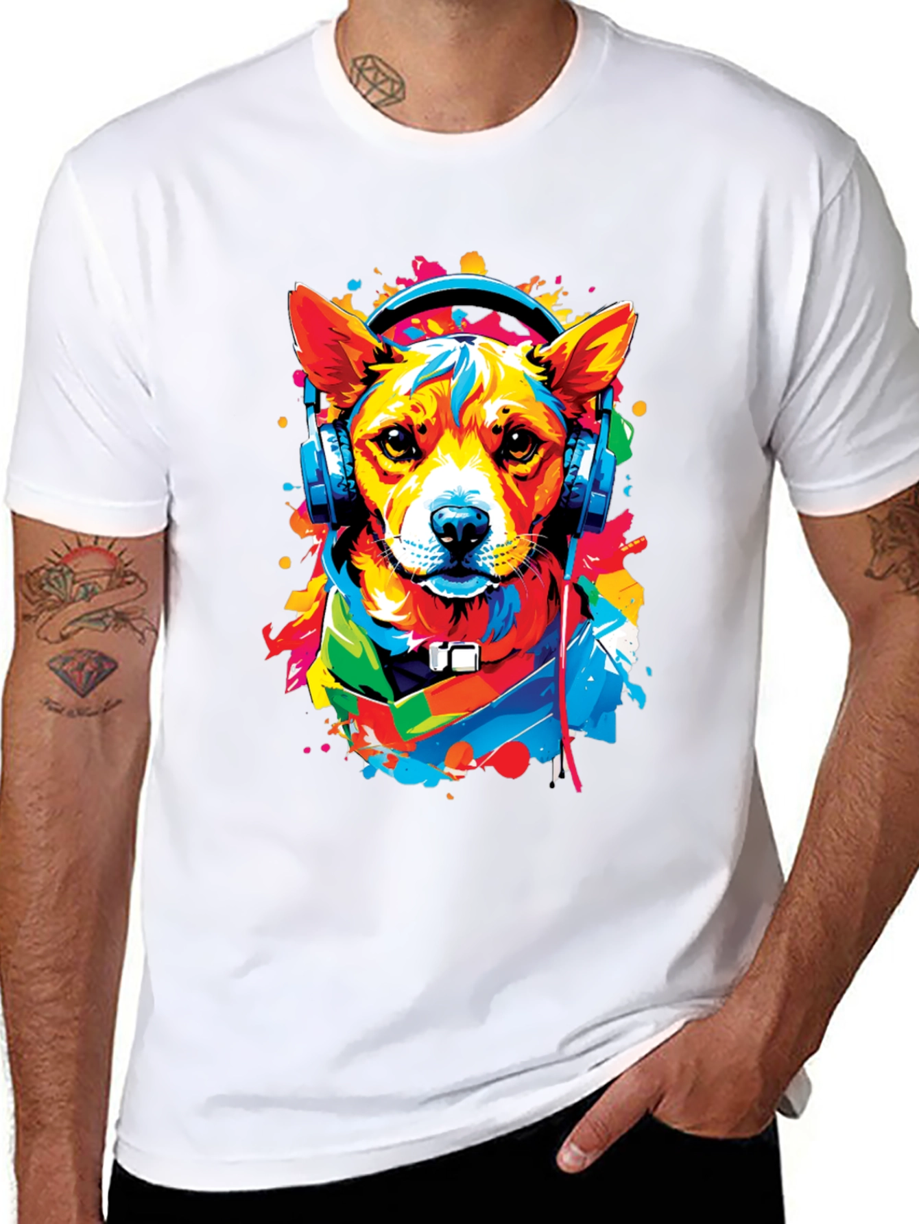 Dog in Headphones Graphic Tee - Trendy Style