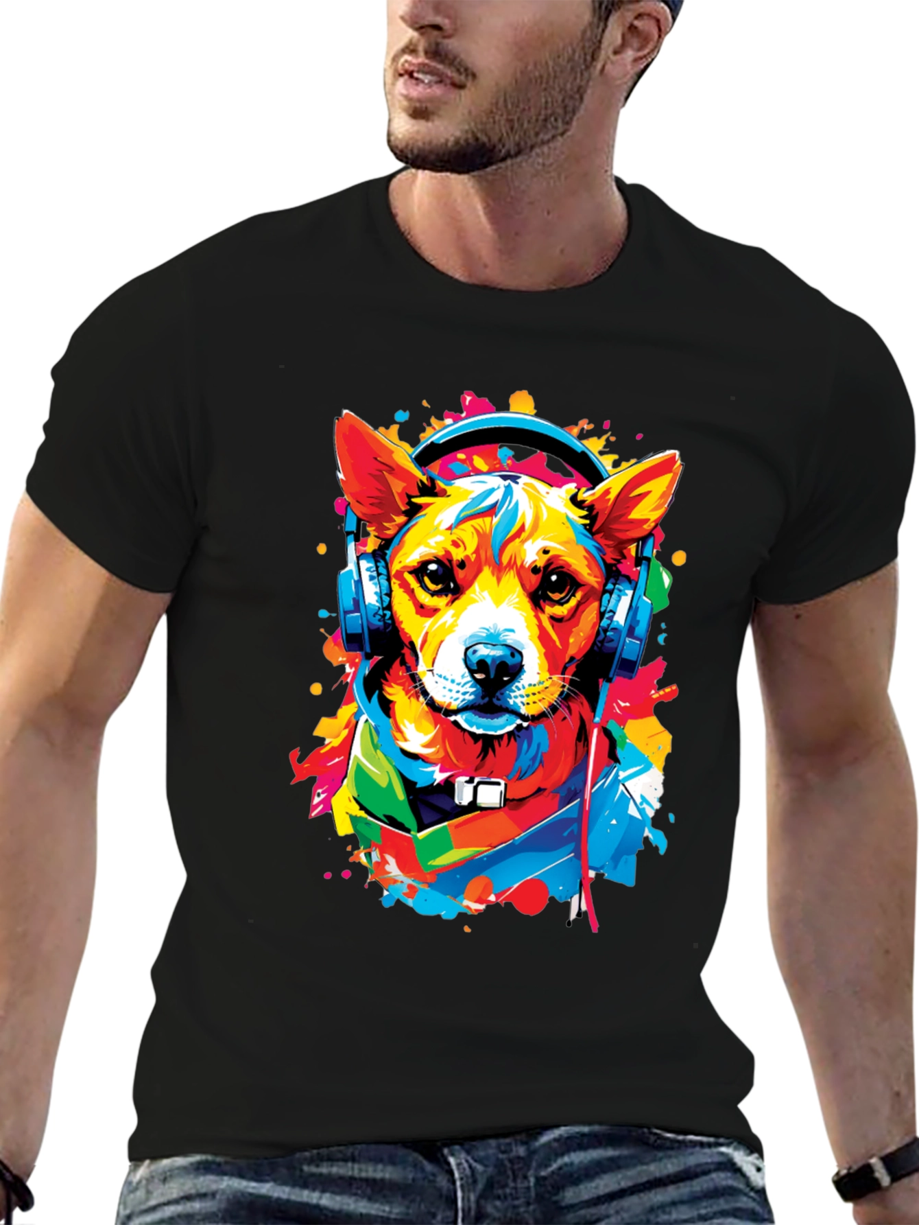 Dog in Headphones Graphic Tee - Trendy Style