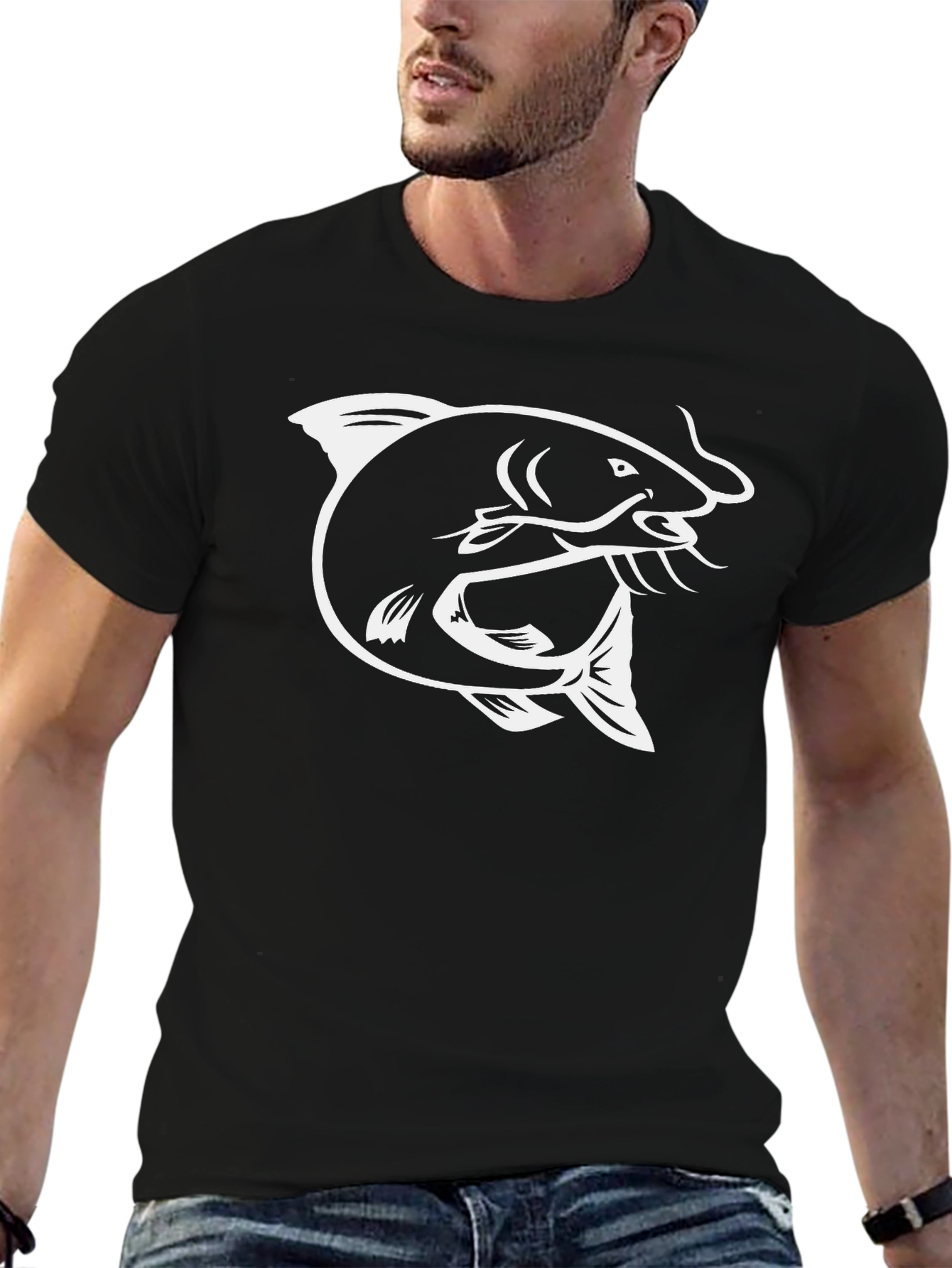 Mens Black T-Shirt with White Fish Graphic Print