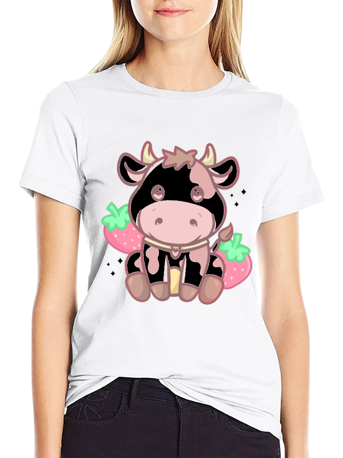Kawaii Strawberry Cow Graphic Tee - Cute Cartoon Style