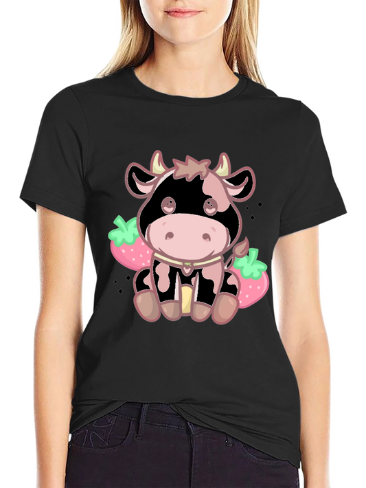 Kawaii Strawberry Cow Graphic Tee - Cute Cartoon Style