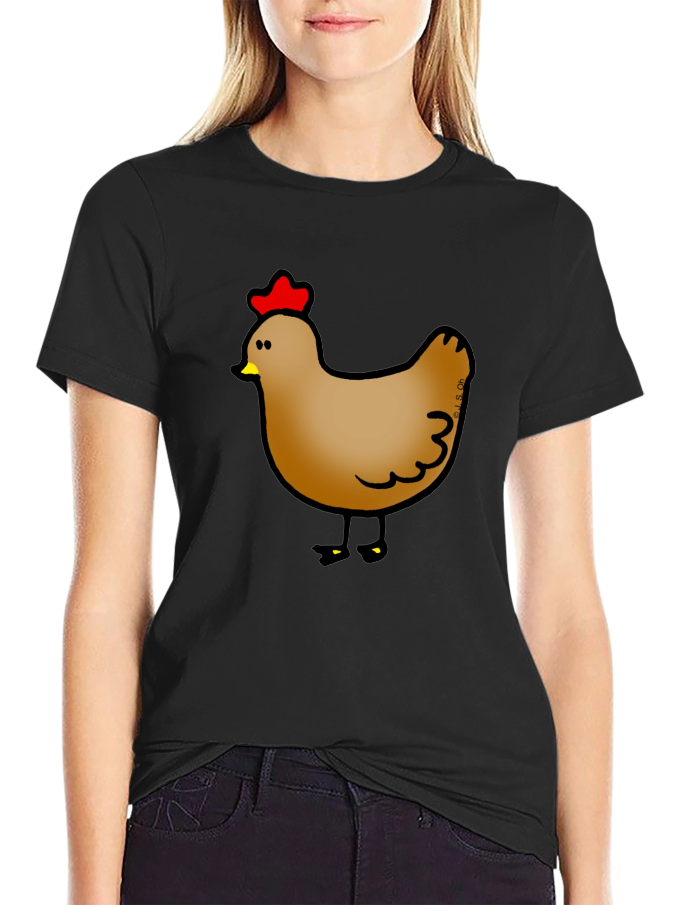 Cute Chicken Graphic Print Black T-Shirt