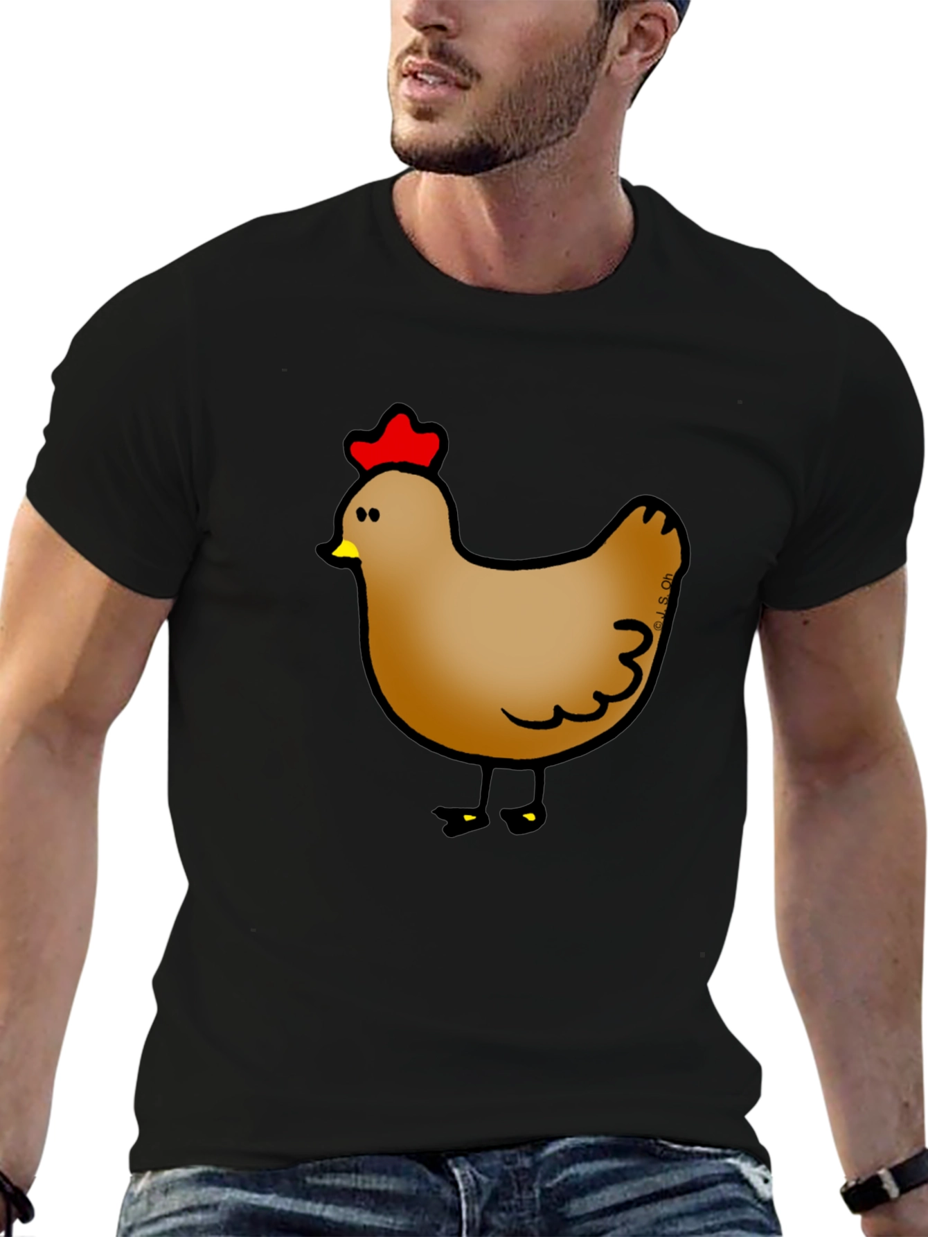 Cute Chicken Graphic Print Black T-Shirt