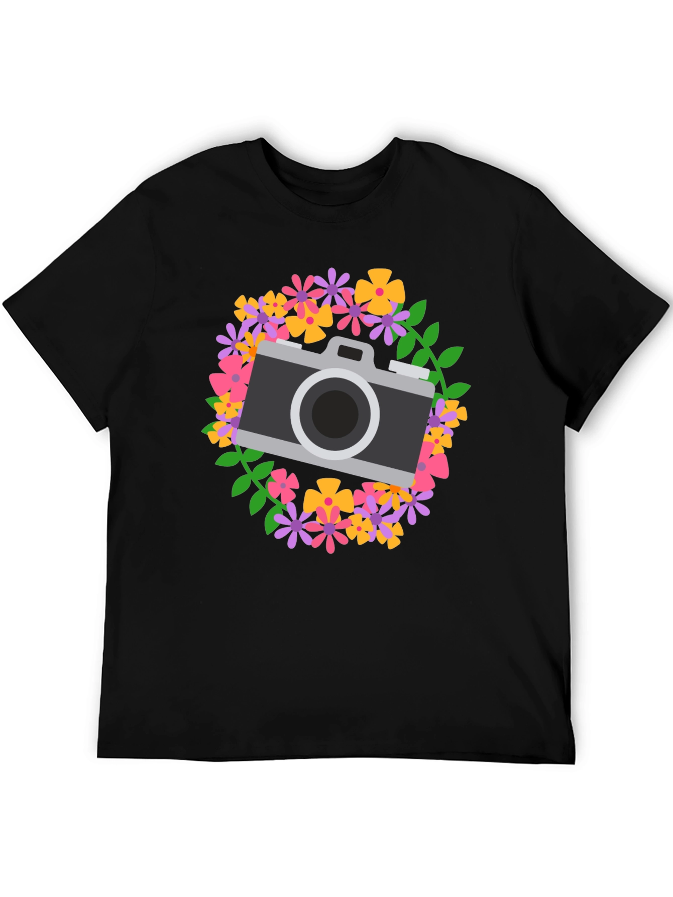 Floral Camera Graphic Tee - Black Cotton Shirt