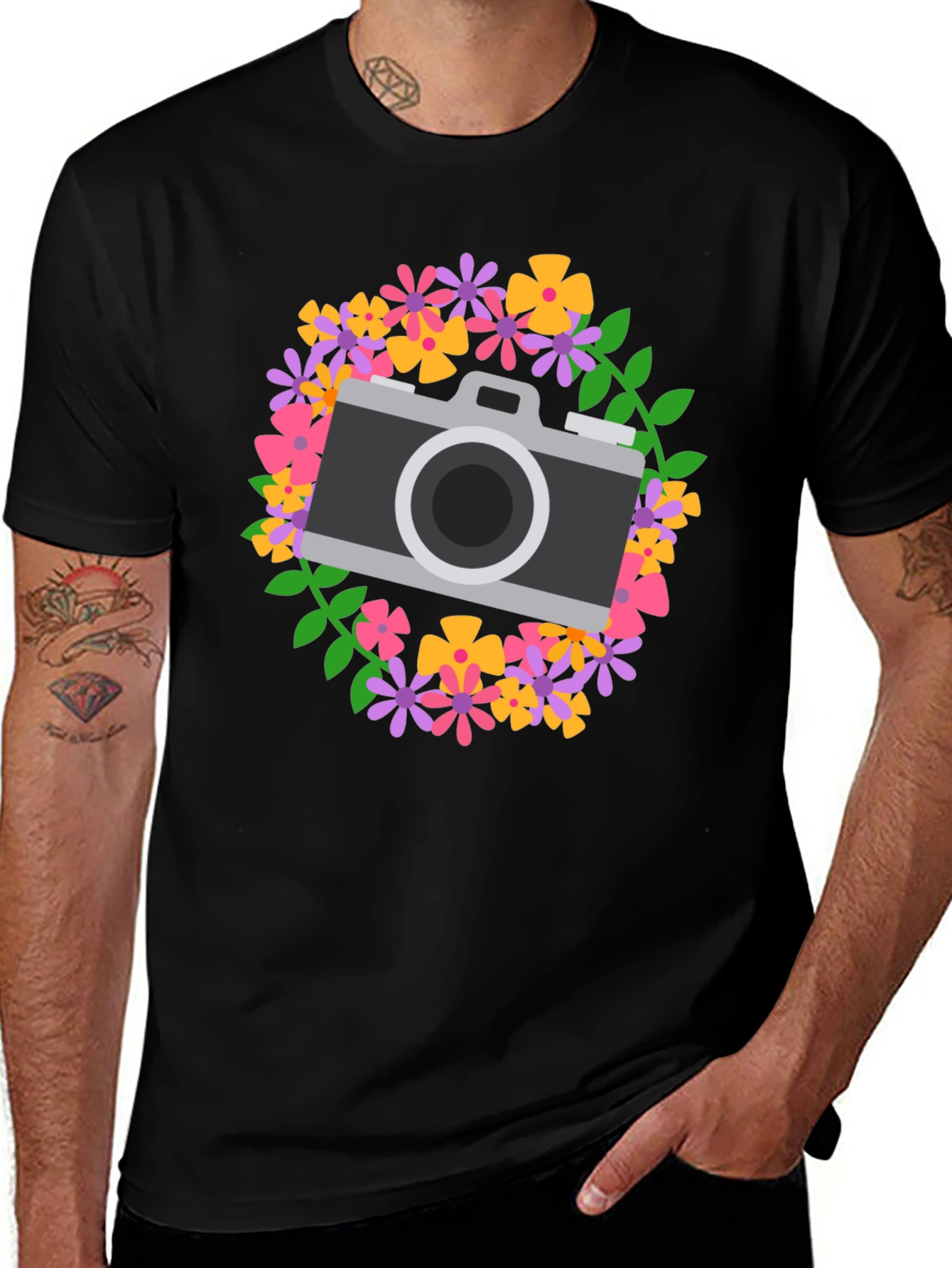 Floral Camera Graphic Tee - Black Cotton Shirt
