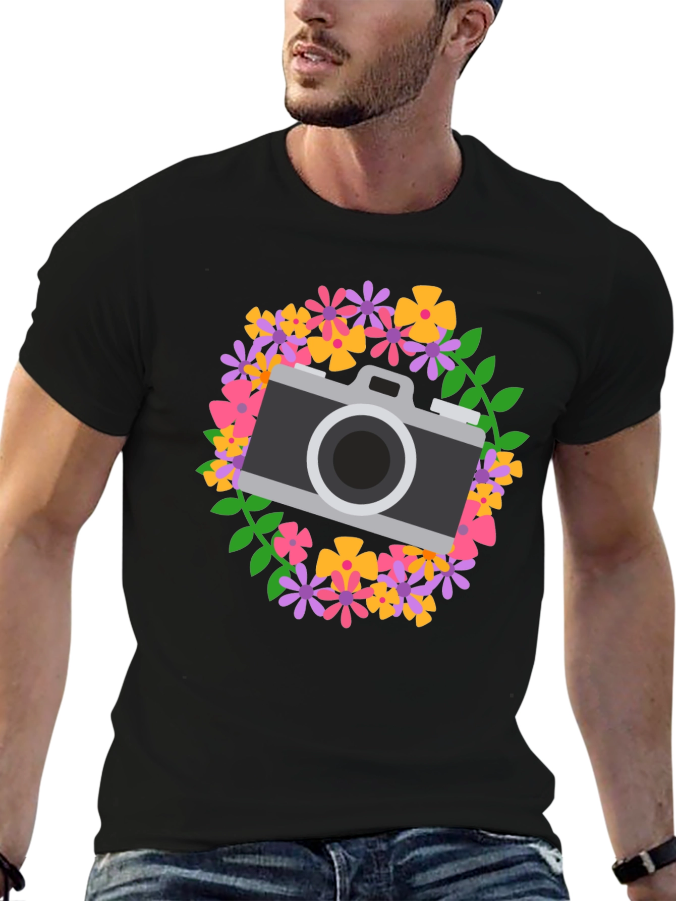 Floral Camera Graphic Tee - Black Cotton Shirt