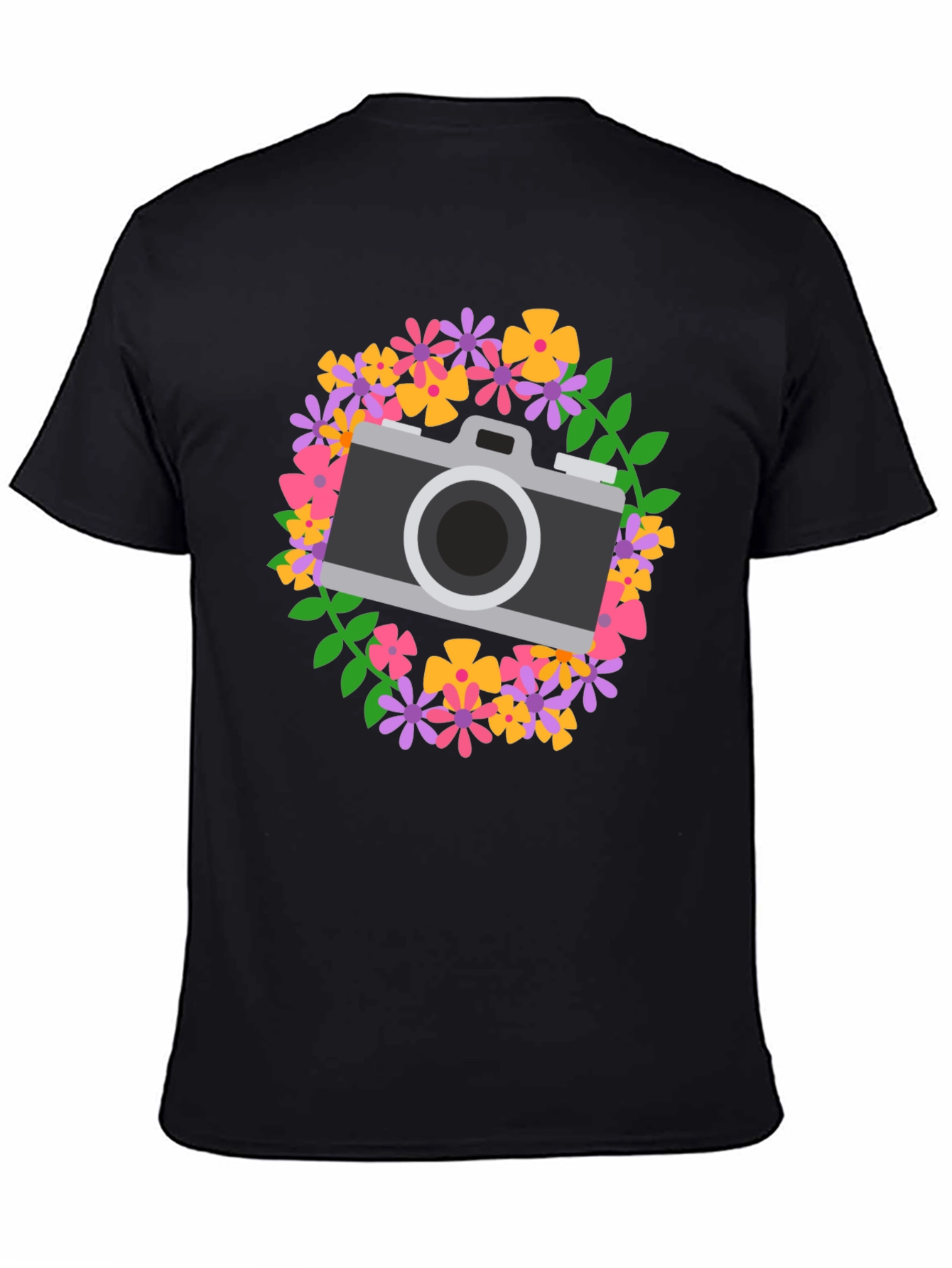 Floral Camera Graphic Tee - Black Cotton Shirt
