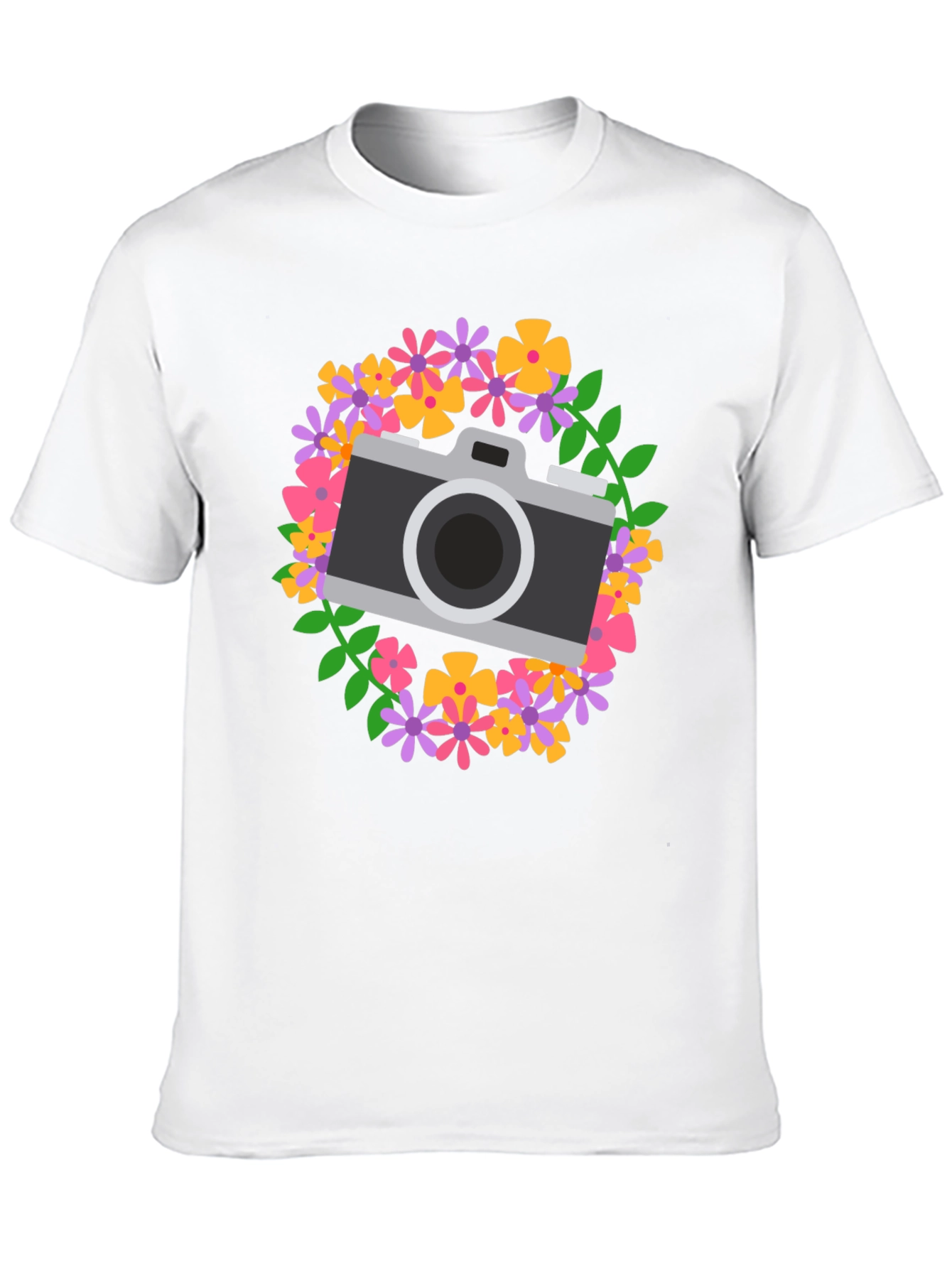 Floral Camera Graphic Tee - Black Cotton Shirt