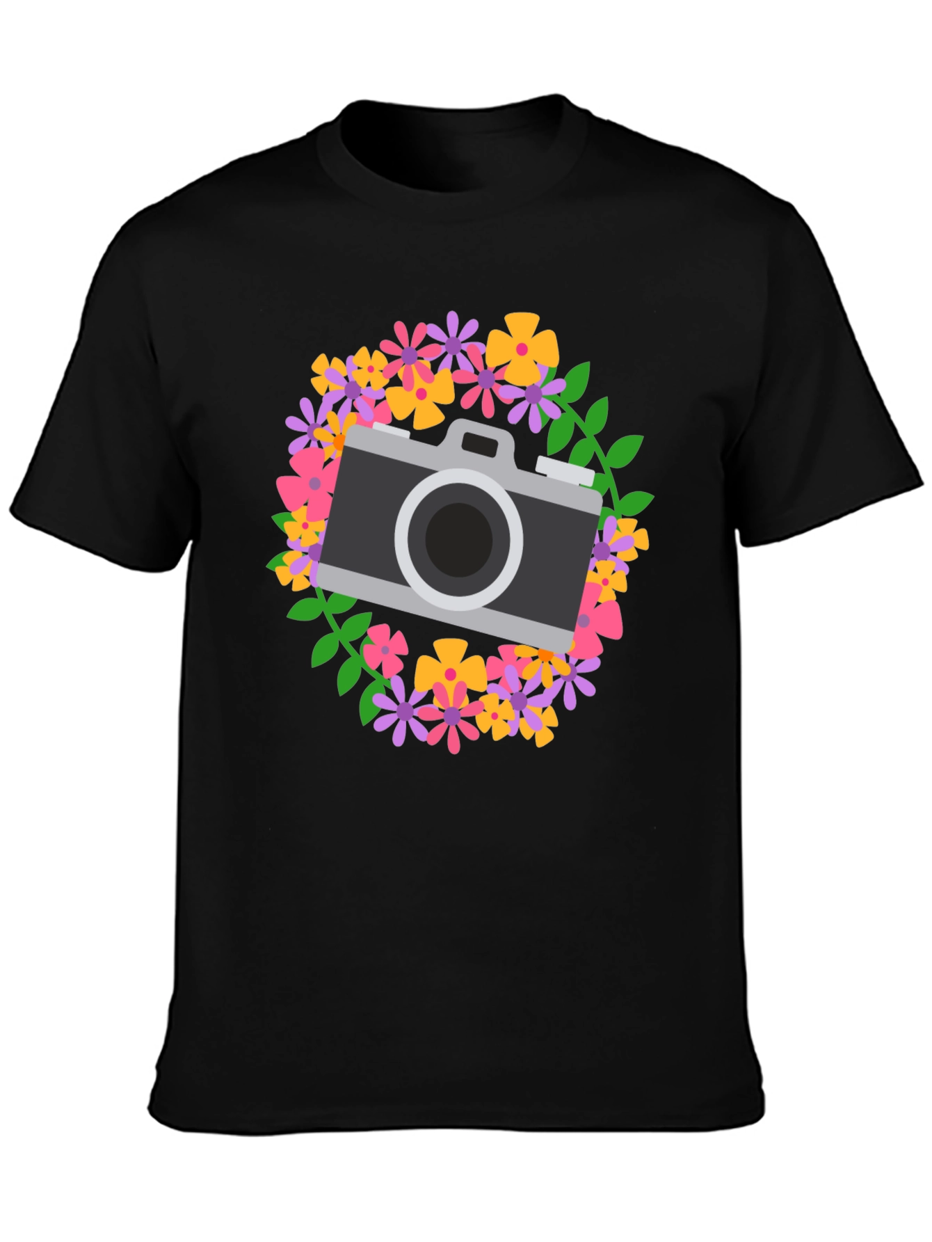Floral Camera Graphic Tee - Black Cotton Shirt