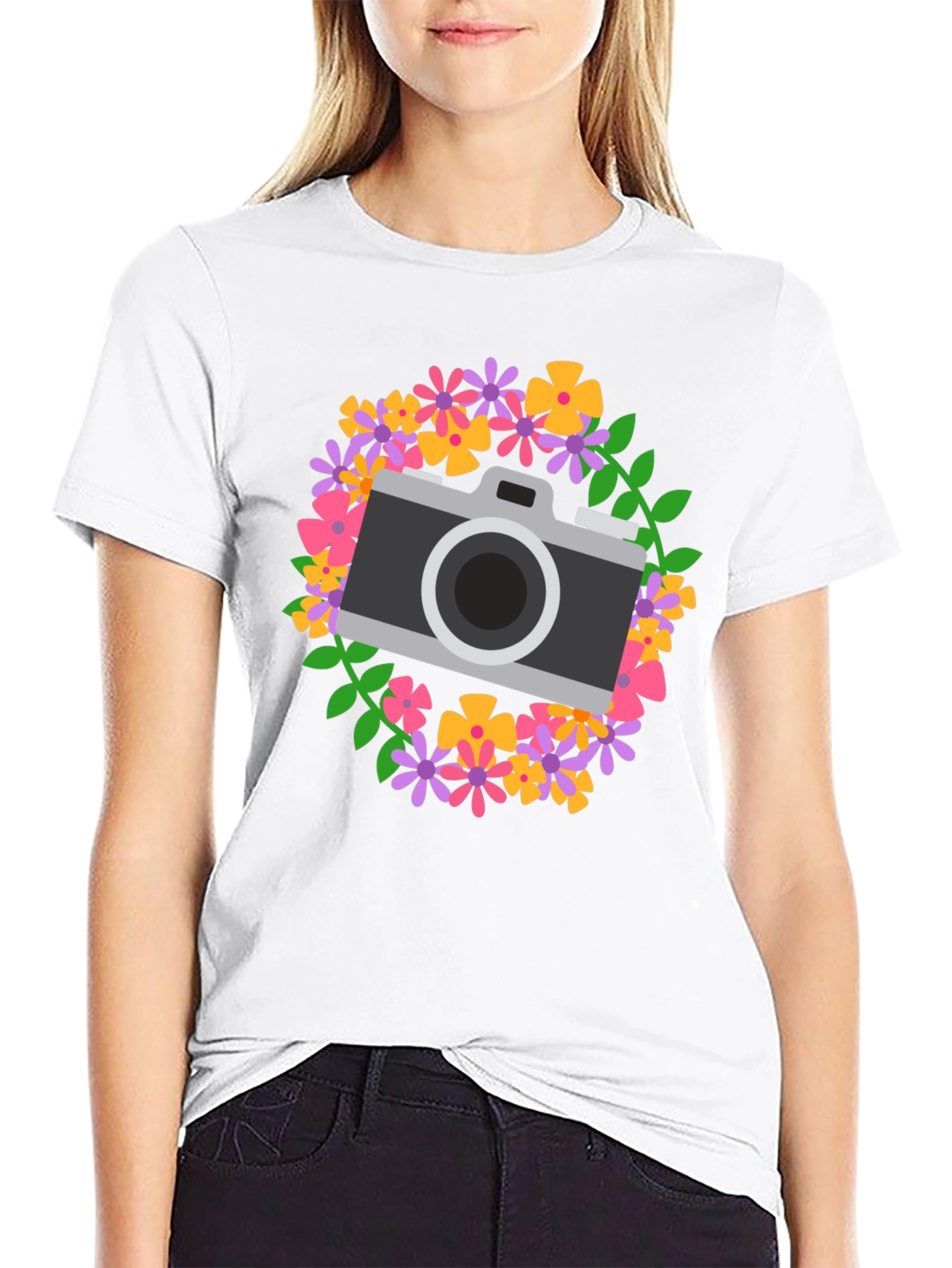 Floral Camera Graphic Tee - Black Cotton Shirt