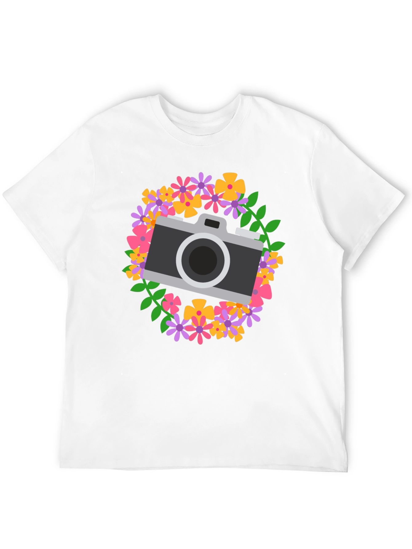 Floral Camera Graphic Tee - Black Cotton Shirt
