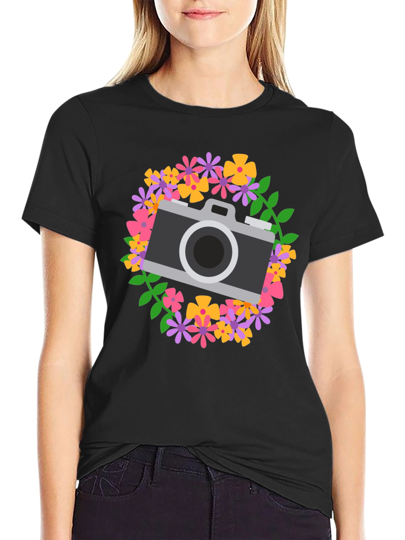 Floral Camera Graphic Tee - Black Cotton Shirt