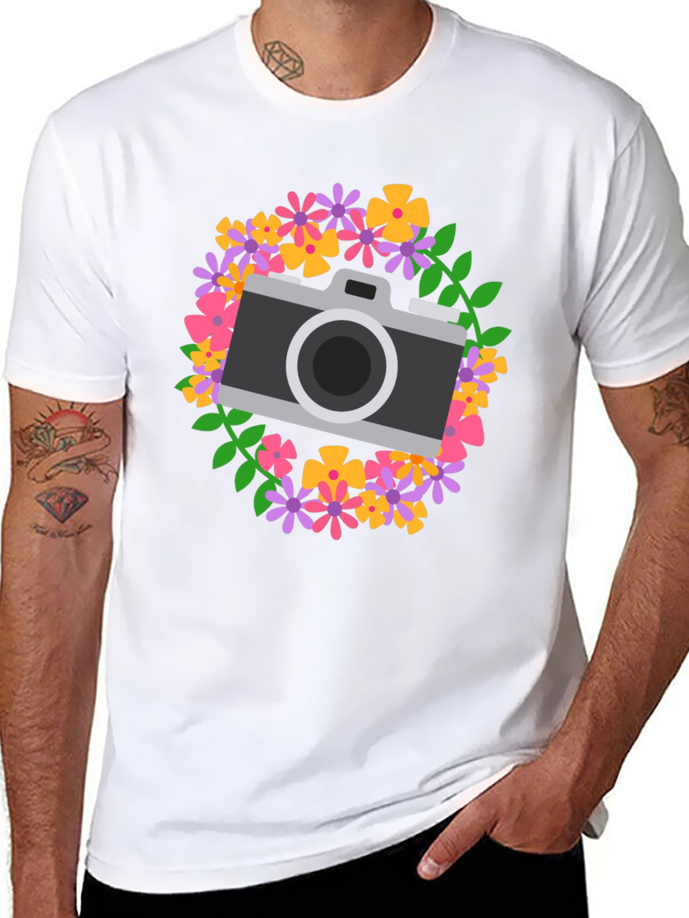 Floral Camera Graphic Tee - Black Cotton Shirt