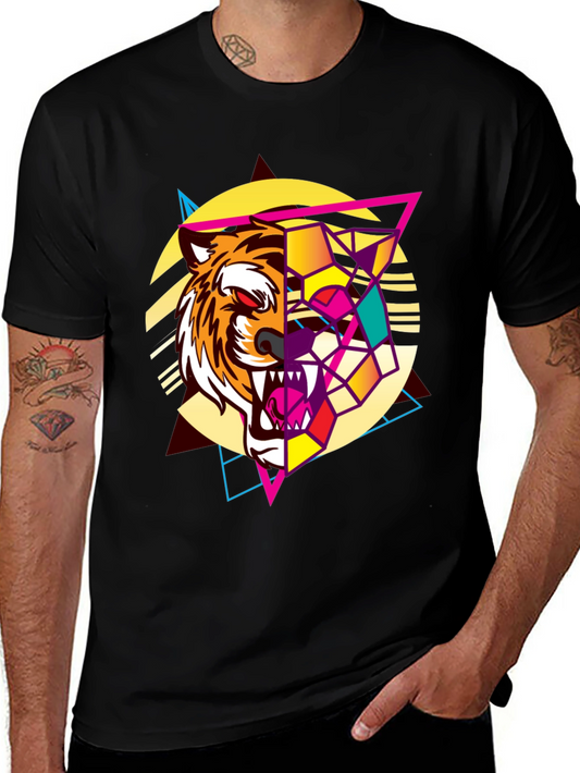 Geometric Tiger Graphic Print Black T-Shirt