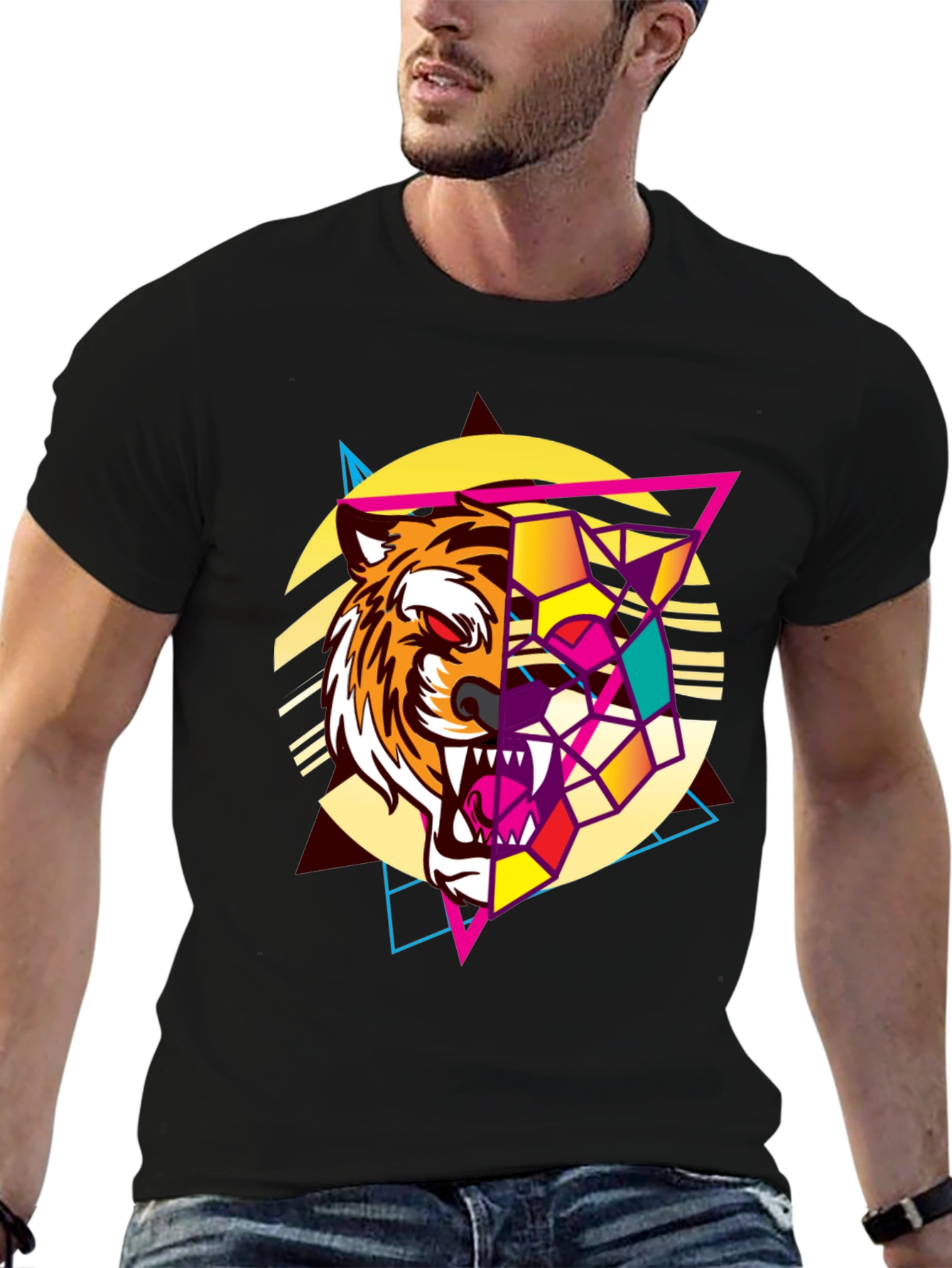 Geometric Tiger Graphic Print Black T-Shirt