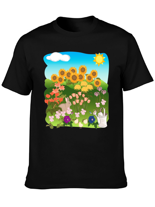 Floral Garden T-Shirt with Sunflowers & Bunny