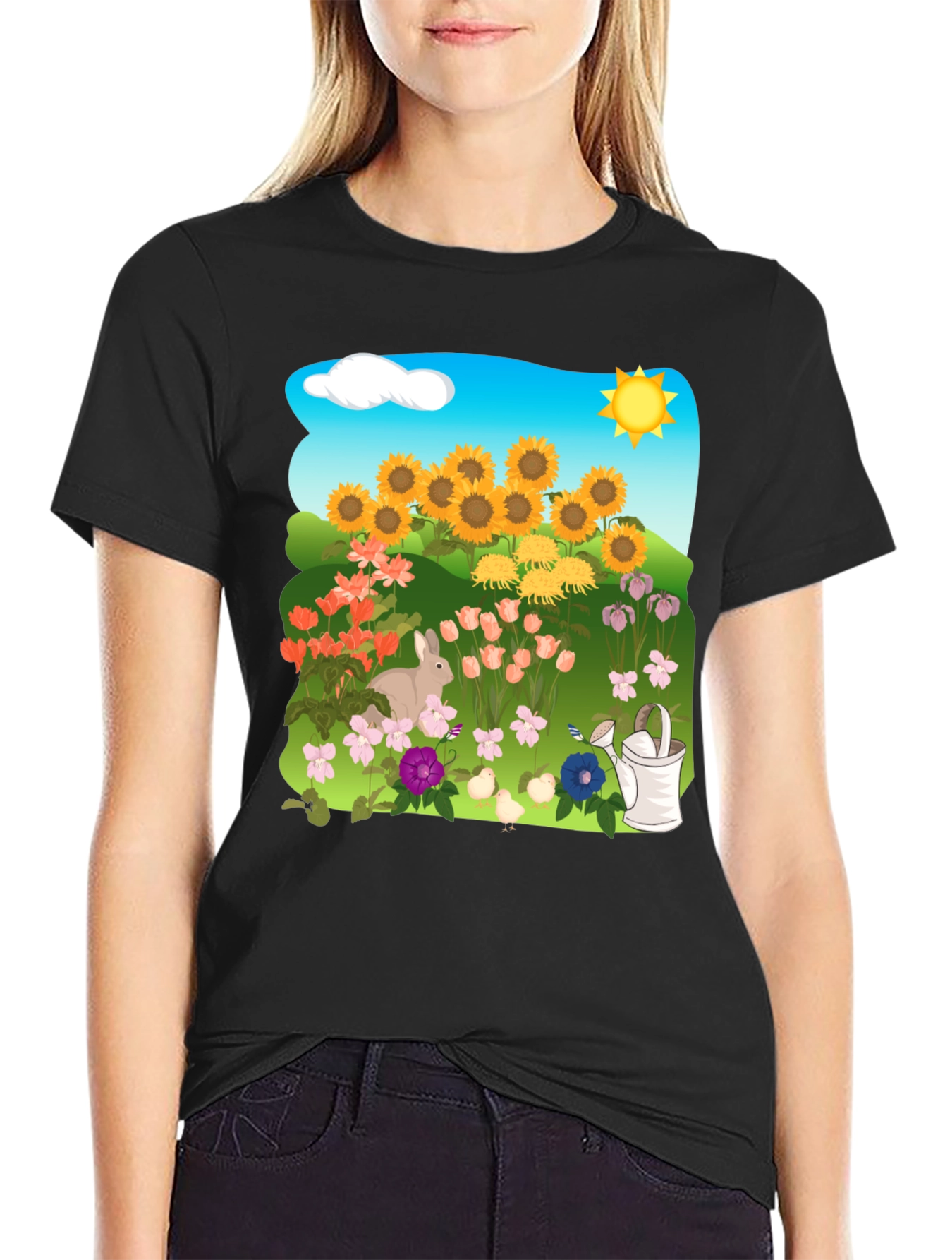 Floral Garden T-Shirt with Sunflowers & Bunny