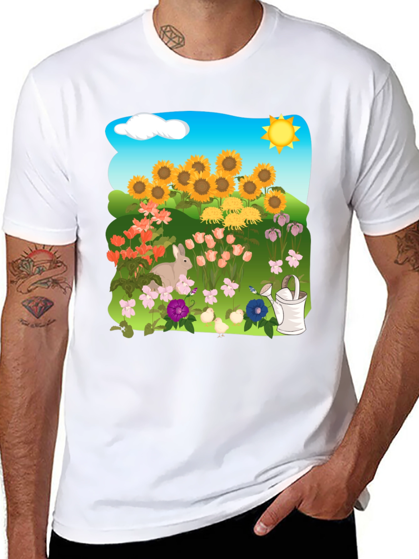 Floral Garden T-Shirt with Sunflowers & Bunny