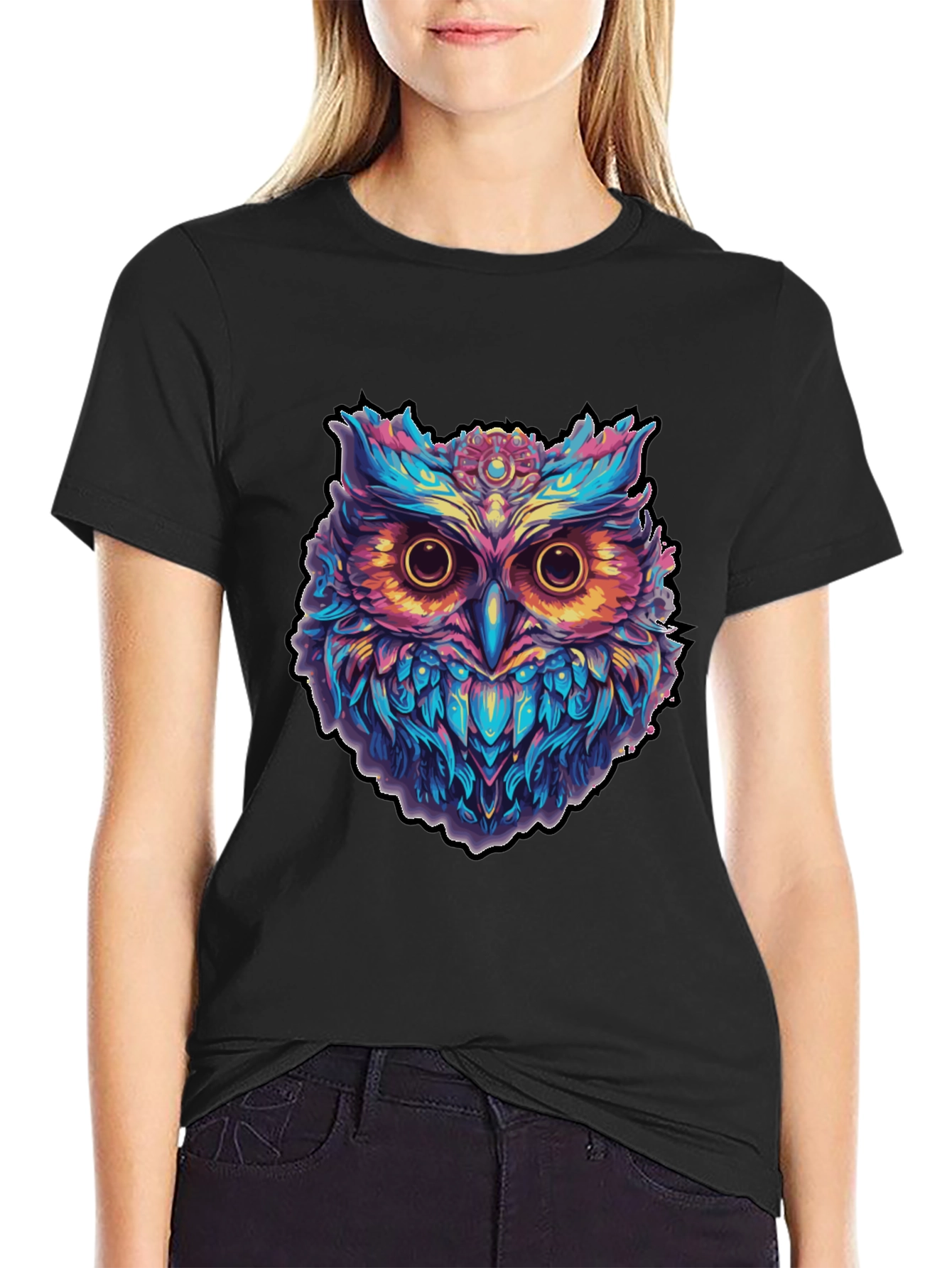 Psychedelic Owl Graphic Print Black T-Shirt