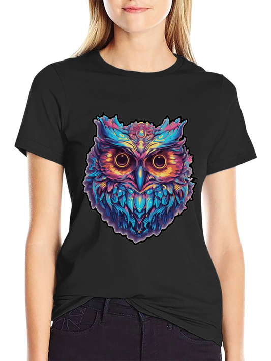 Psychedelic Owl Graphic Print Black T-Shirt