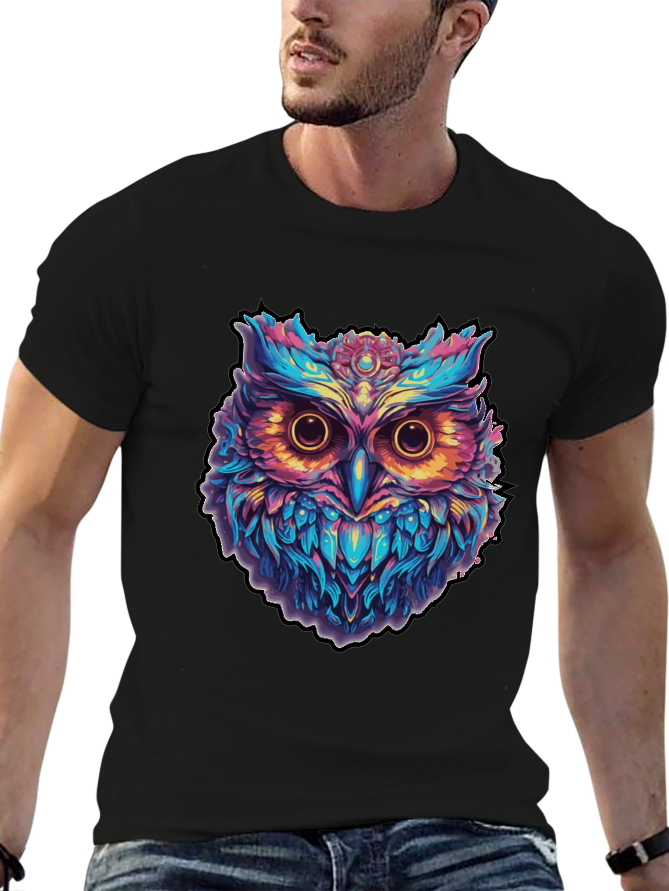 Psychedelic Owl Graphic Print Black T-Shirt