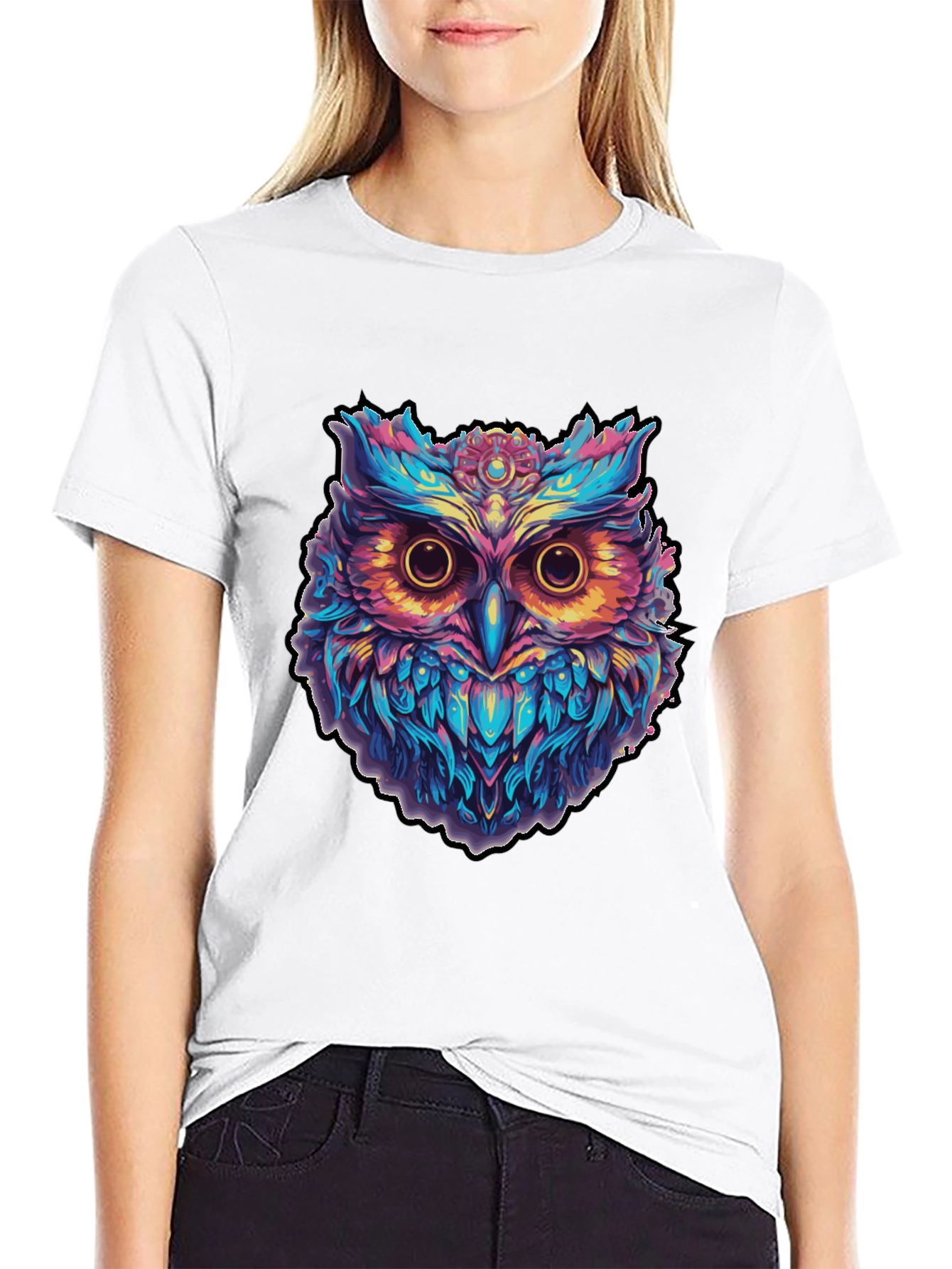 Psychedelic Owl Graphic Print Black T-Shirt