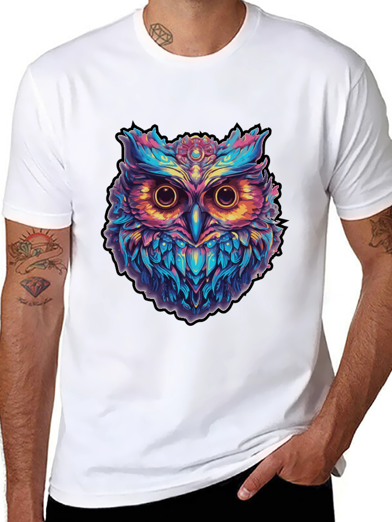 Psychedelic Owl Graphic Print Black T-Shirt