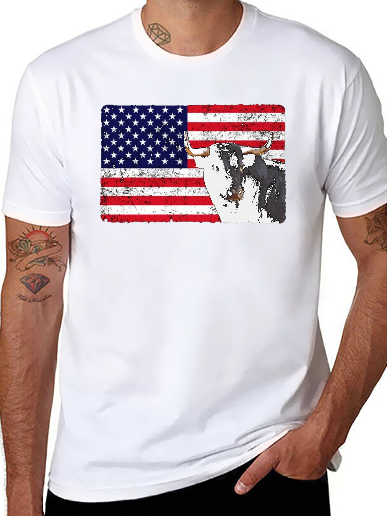 USA Flag Bull Graphic Print Mens Black T-Shirt
