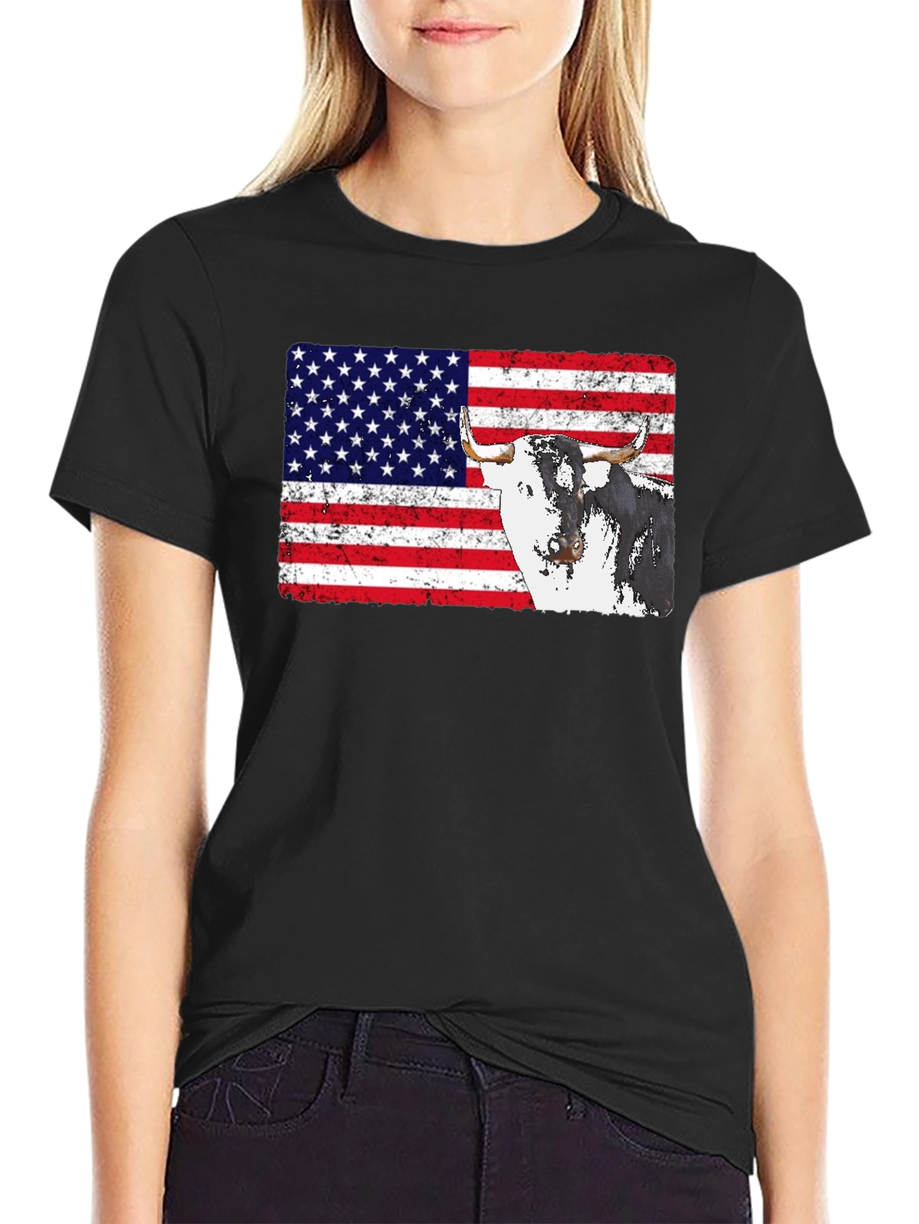 USA Flag Bull Graphic Print Mens Black T-Shirt