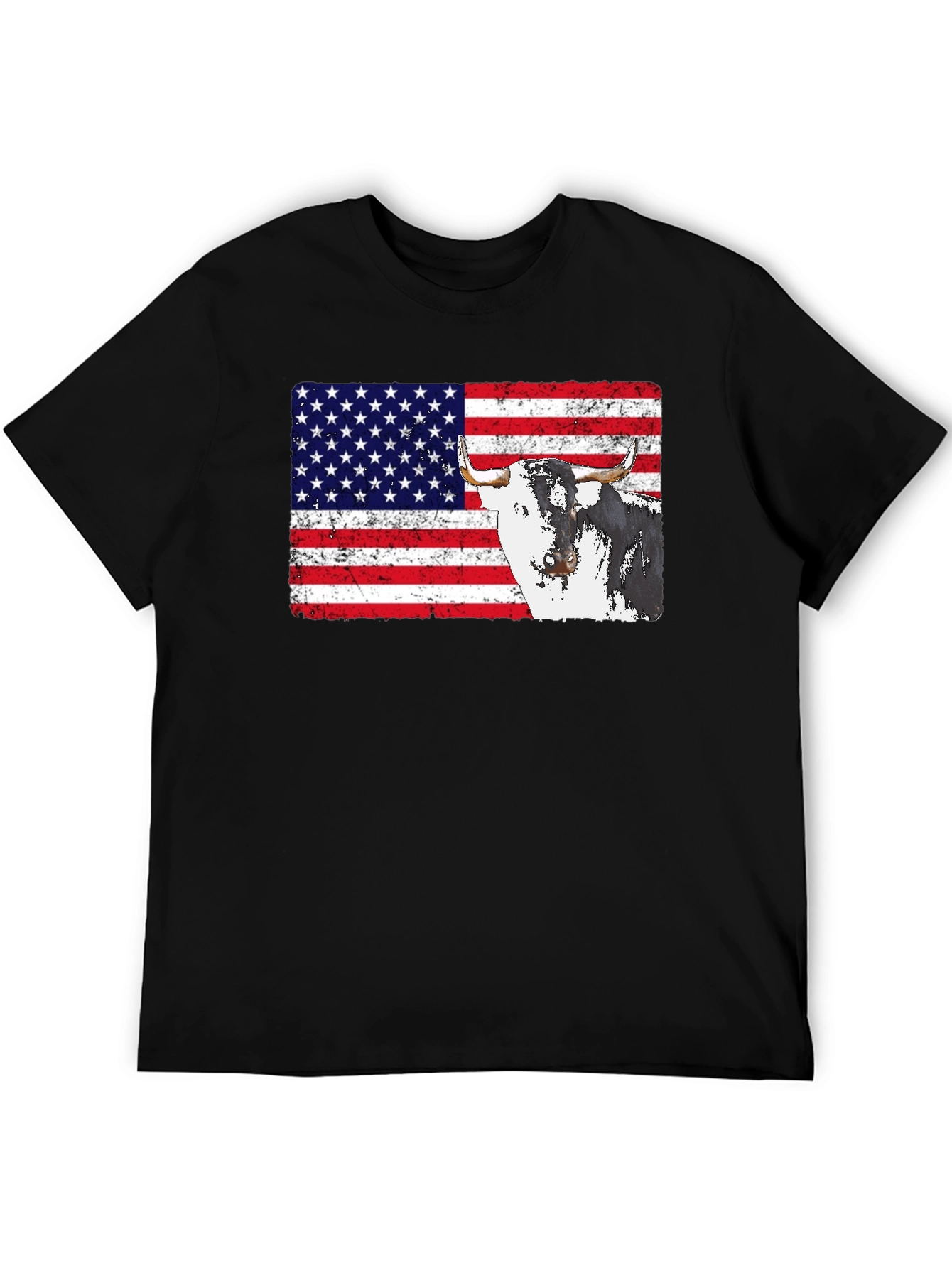 USA Flag Bull Graphic Print Mens Black T-Shirt