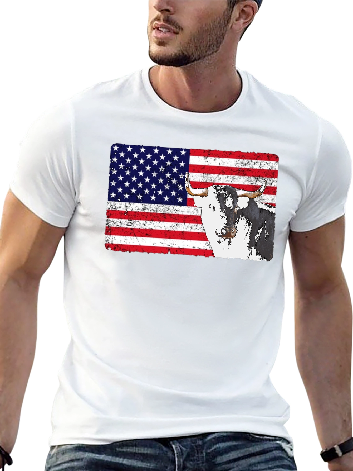 USA Flag Bull Graphic Print Mens Black T-Shirt