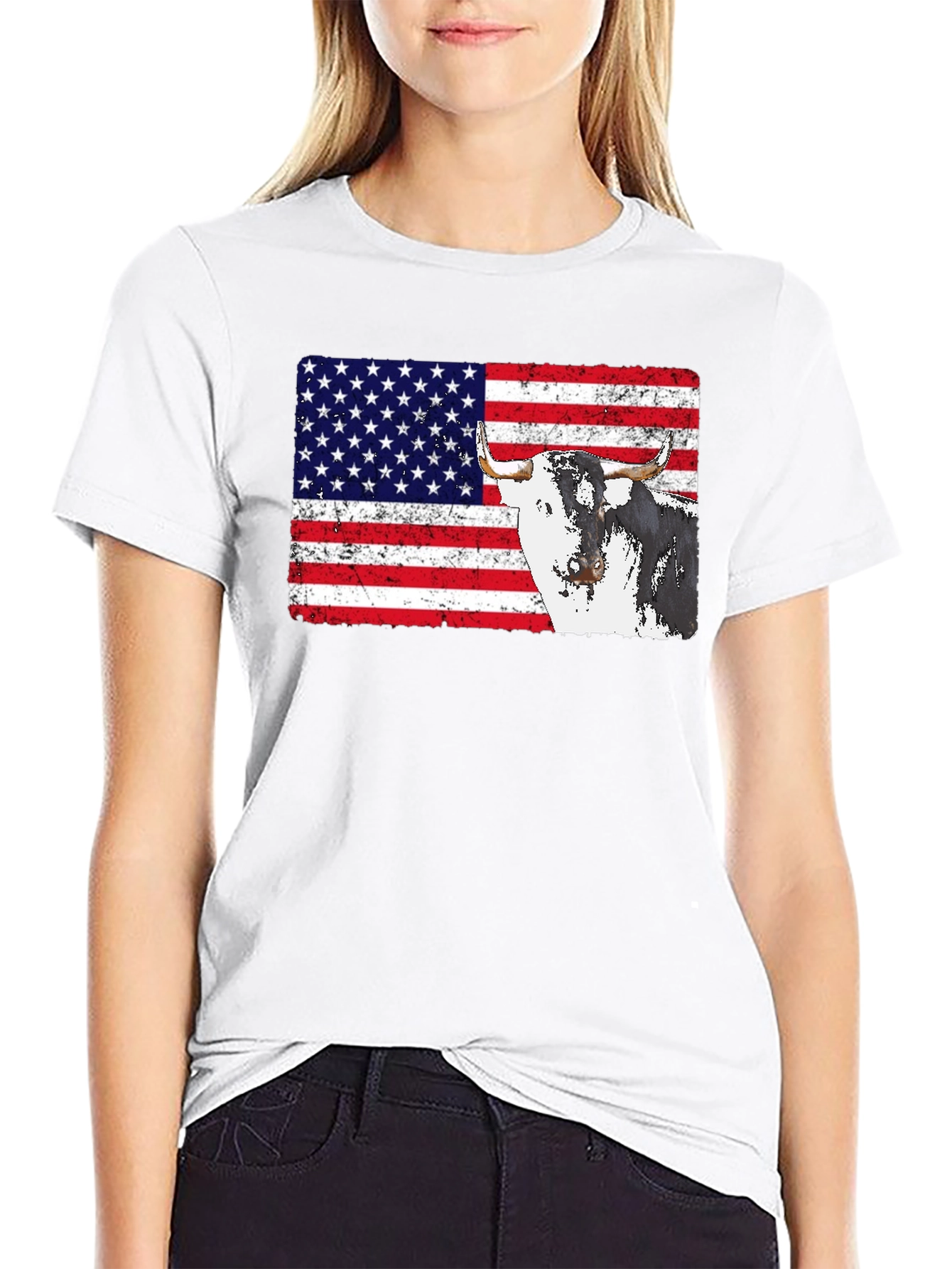 USA Flag Bull Graphic Print Mens Black T-Shirt