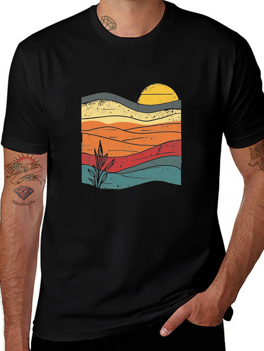 Retro Sunset Graphic Tee - Black Cotton Blend