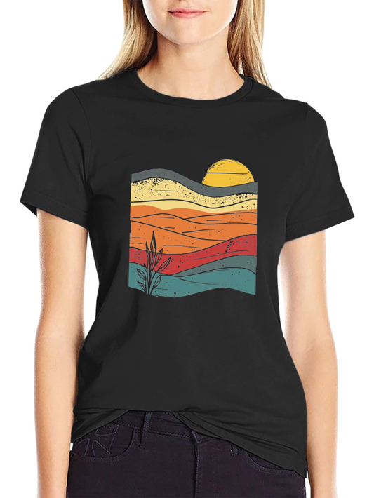 Retro Sunset Graphic Tee - Black Cotton Blend