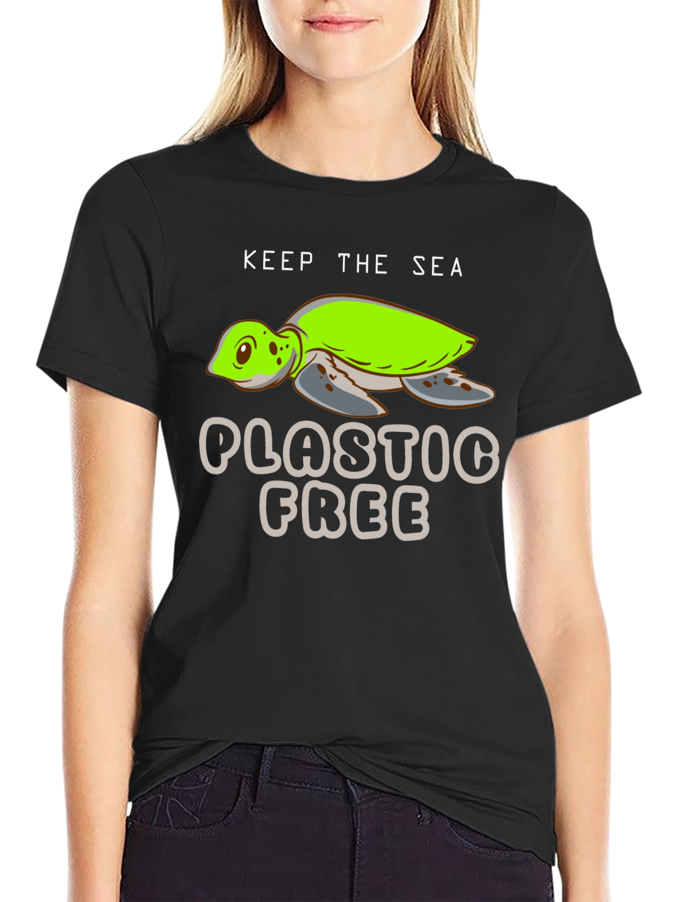 Keep The Sea Plastic Free Black Turtle Graphic T-Shirt