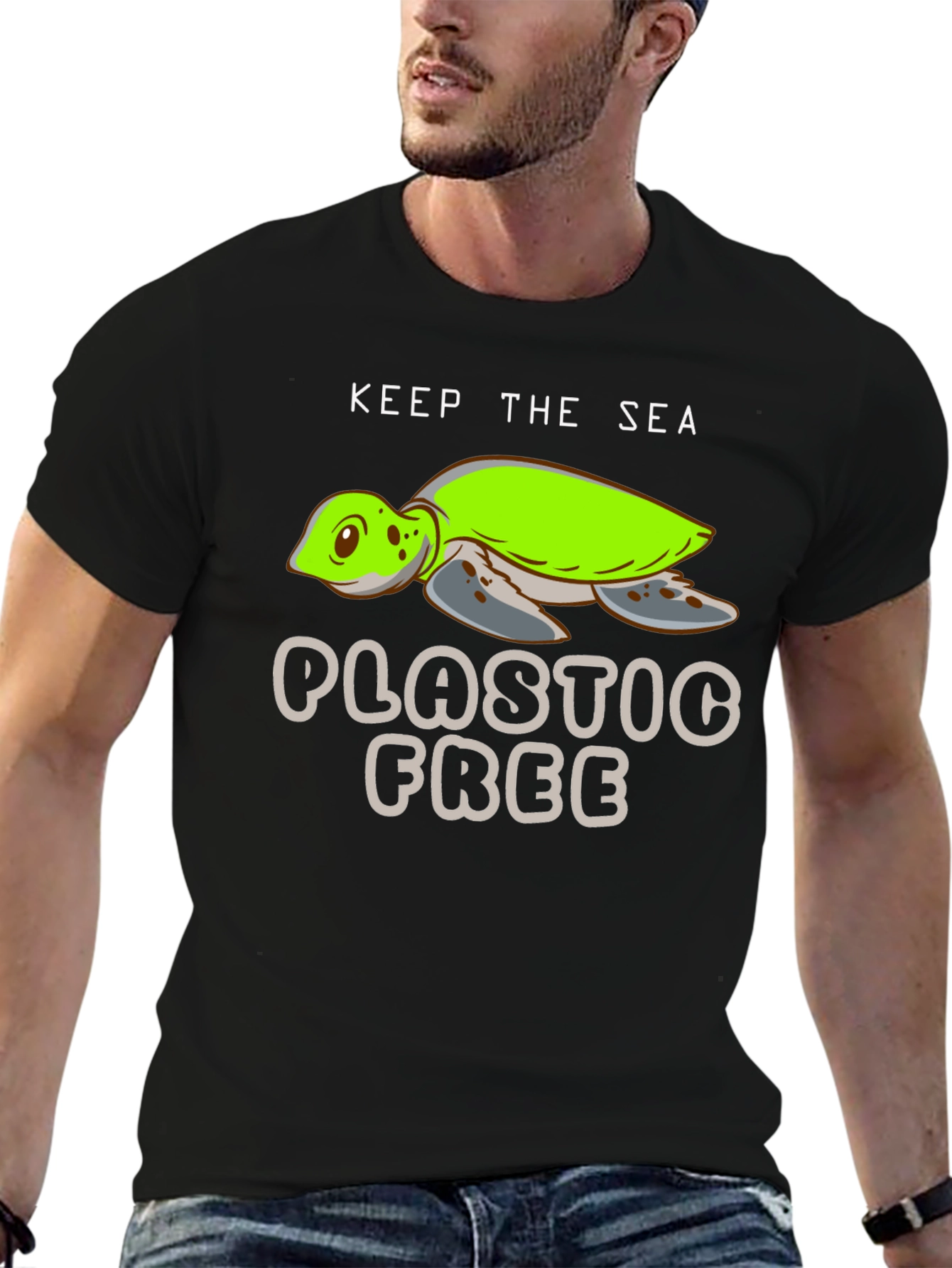 Keep The Sea Plastic Free Black Turtle Graphic T-Shirt