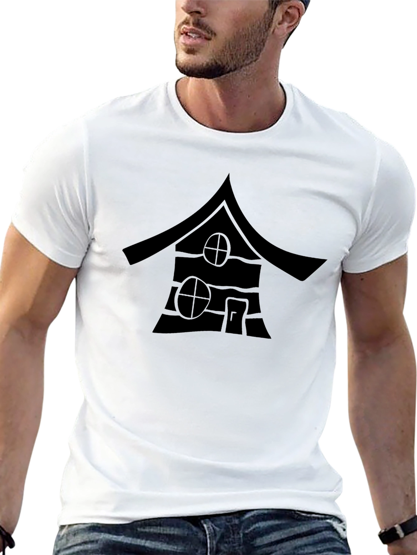 Black T-Shirt with Cabin Print