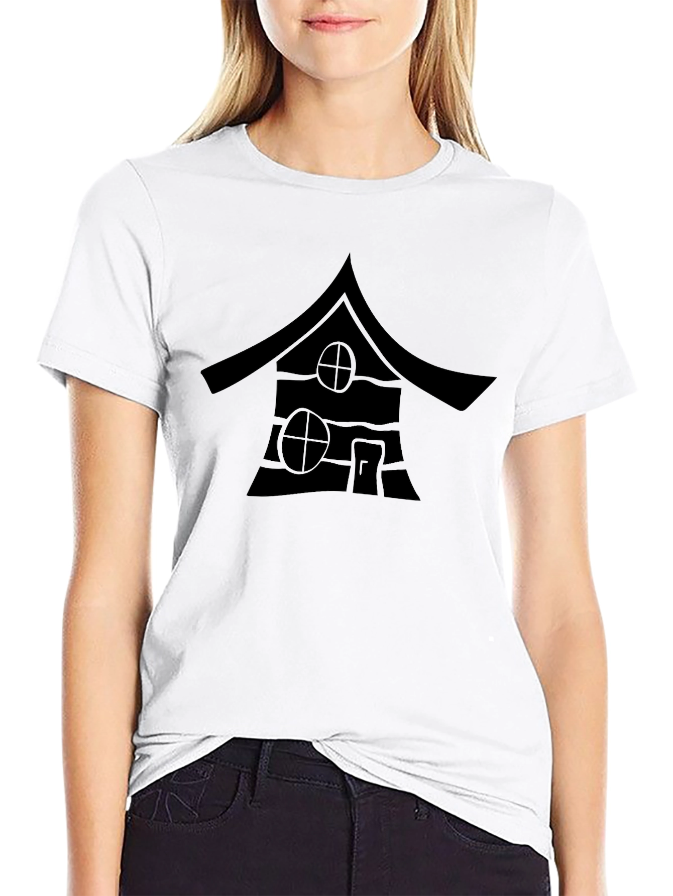 Black T-Shirt with Cabin Print